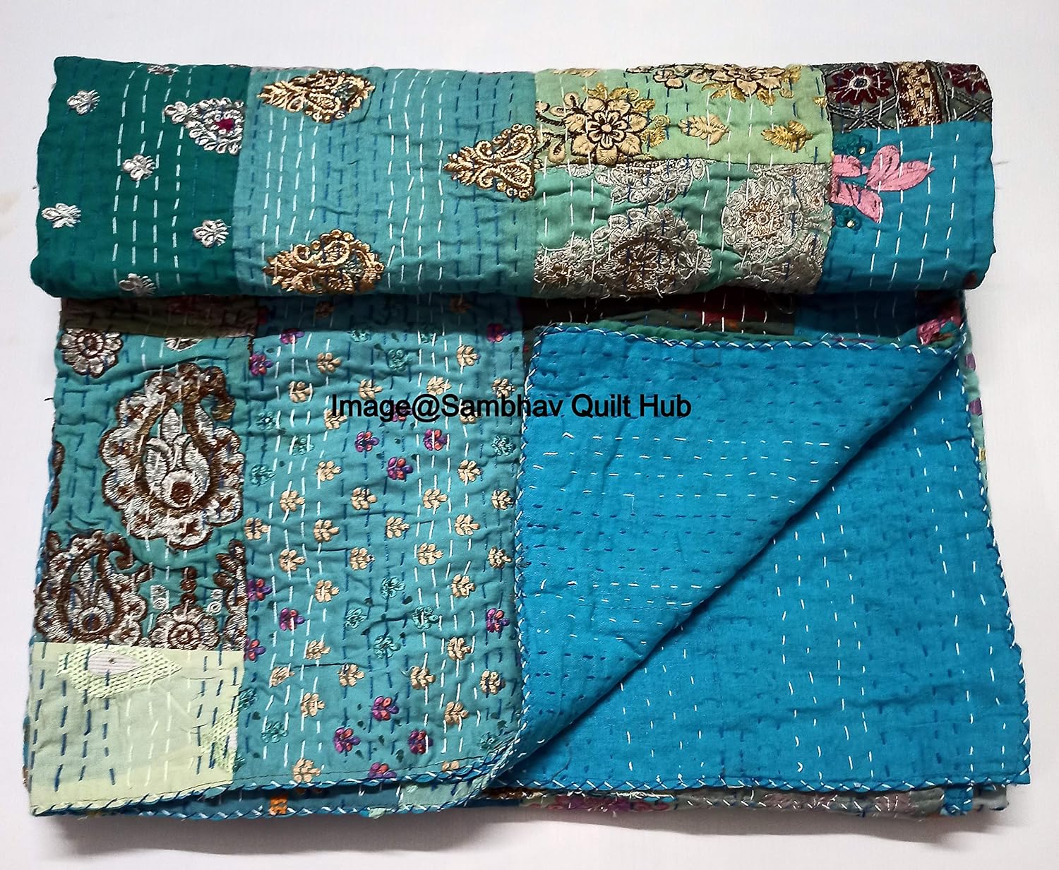 Turquoise Handmade Vintage Silk Sari Jari Patchwork Khambhadiya Kantha Quilting Embroidery Kantha Quilt Reversible Bed Cover Assoted Kantha Quilt Throw Blanket Twin/Queen/King (108X108 inch)