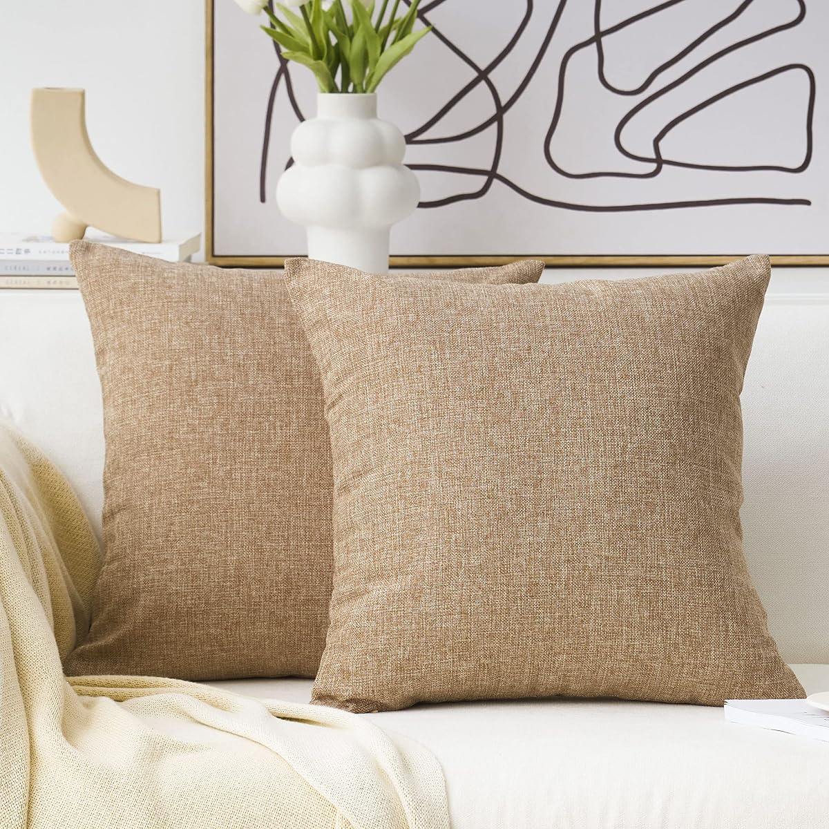 Linen Throw Pillow Covers 18x18 Burlap Decorative Pillow Covers Farmhouse Throw Pillows for Couch Bench Sofa, Set of 2, 18 x 18 inch, Natural Linen