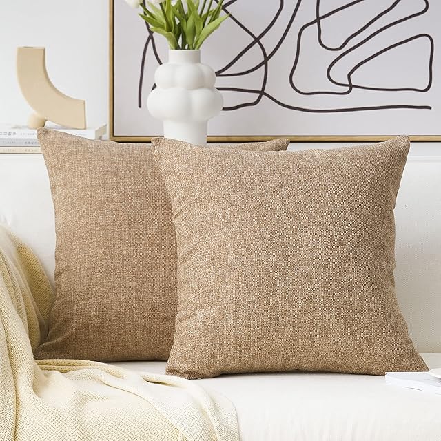 Home Brilliant 65x65 Cushion Cover Burlap Linen Textured Cushion Covers Decorative Throw Pillows for Sofa Couch Bed, 65 cm, 26 inch, 2 Pieces, Natural Linen