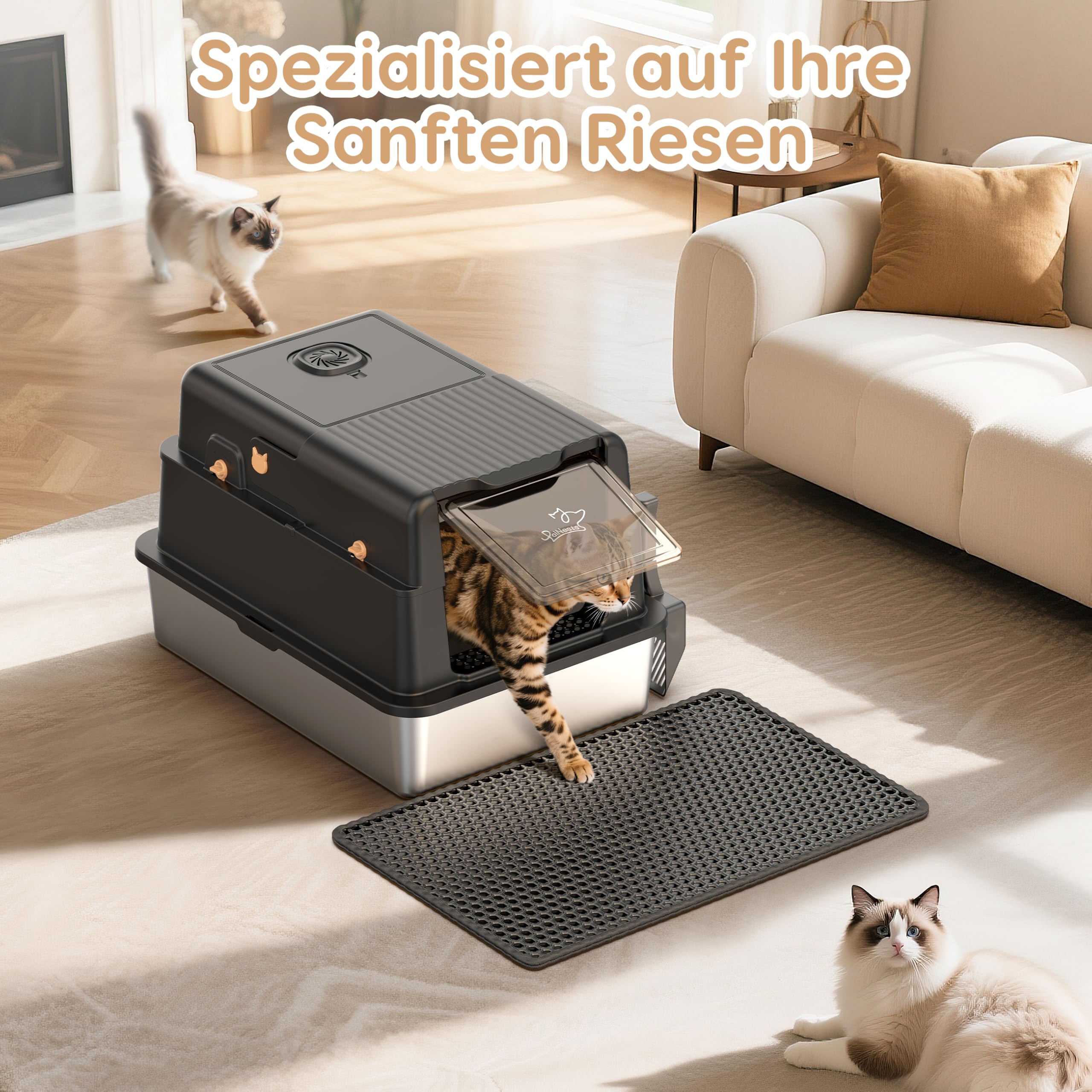XXXL-Katzentoilette aus Edelstahl mit Deckel, PalNests Extra Große Geschlossene Katzentoilette aus Metall für Große und Mehrere Katzen, Geruchskontrolle mit Katzenstreu-Deodorant, Auslaufsicher