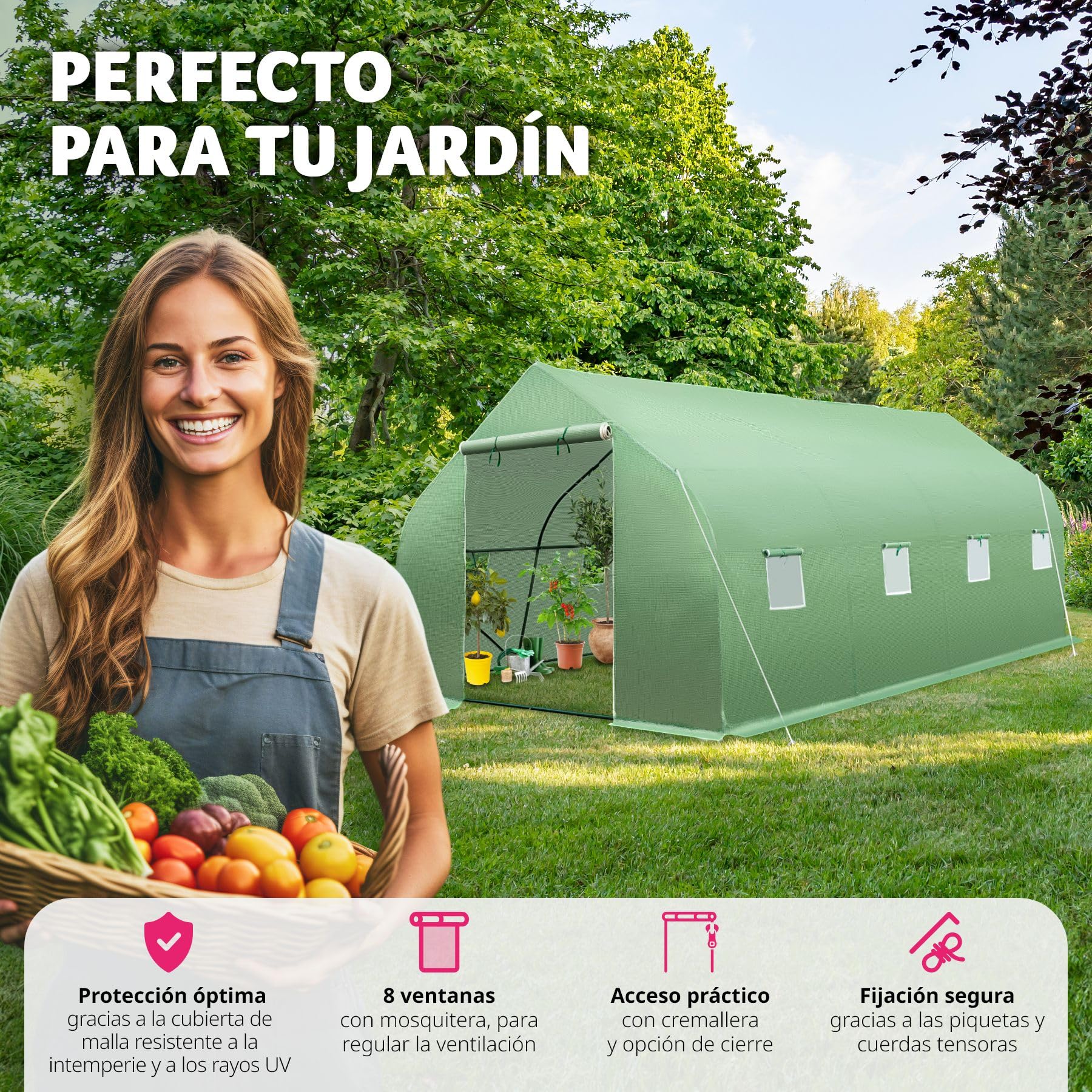 tectake® Invernadero Exterior de Policarbonato y Metal, Cubierta de PE contra UVA, Invernadero Terraza 143x143x195cm, Caseta Jardin Exterior, 8 Ventanas, Puerta Enrollable, Ideal Huerto y Jardín