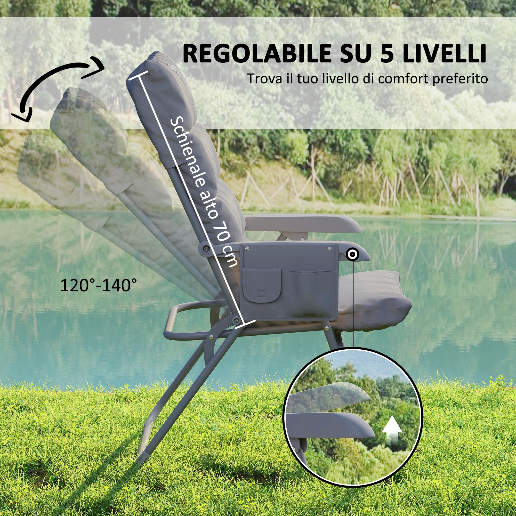 Outsunny Sedia da Campeggio Pieghevole con Schienale Alto Regolabile su 5 Livelli e Tasche Laterali, Sedia da Giardino in Tessuto Oxford e Metallo, Portata Fino a 120 kg, 66x58x105 cm, Grigio Chiaro