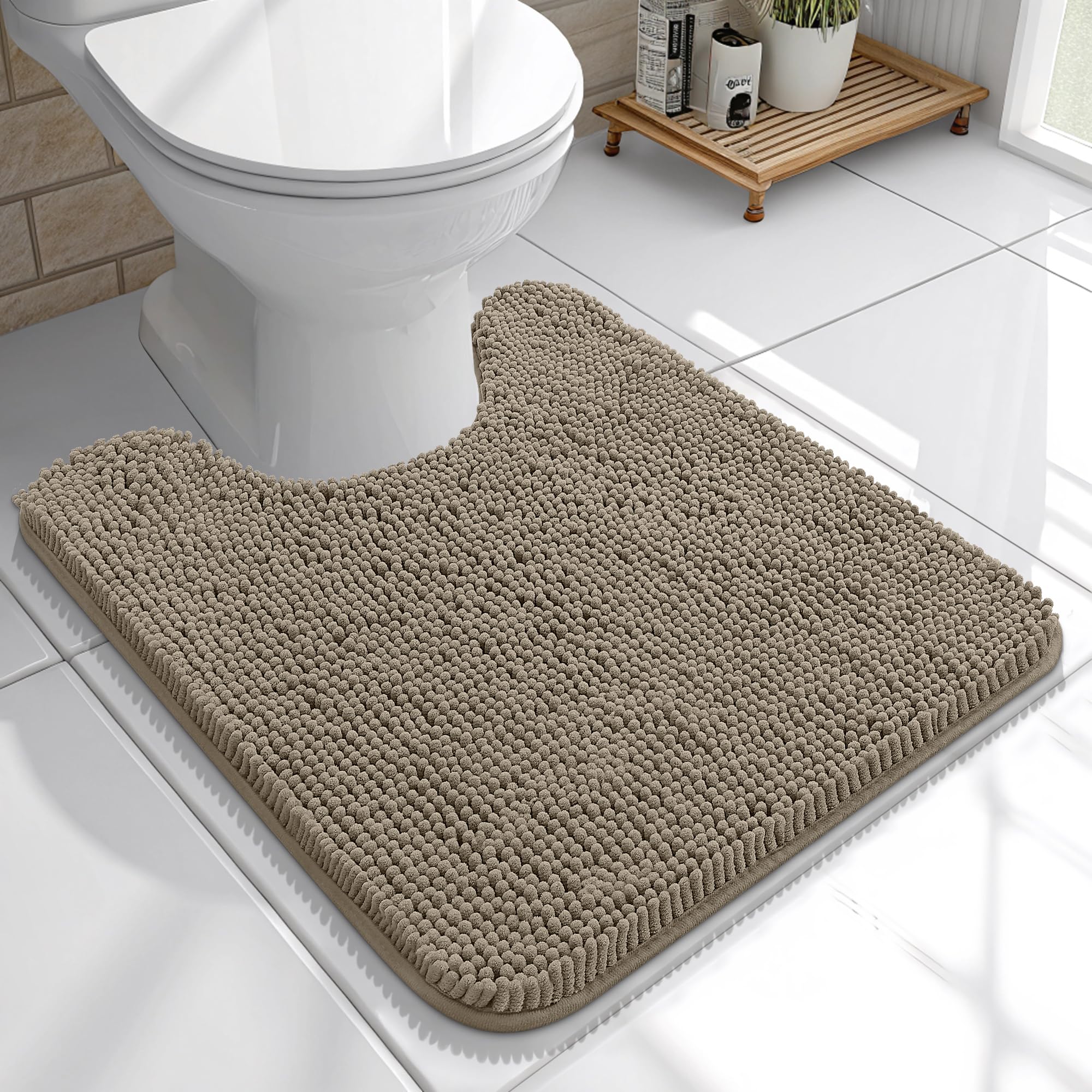 OLANLY Toilet Rugs U-Shaped 20x20, Soft Absorbent Chenille Contour Rugs | Warm Taupe, Quick-Drying Rubber Backing, Machine Washable Non-Slip Shaggy Bathroom Mat for Toilet, Home Decor Accessories