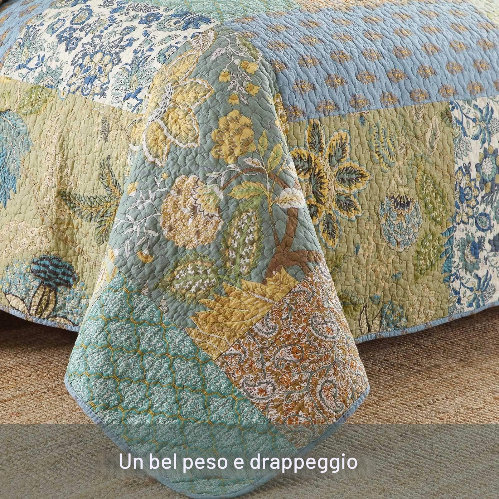 Qucover Copriletto Trapuntato Matrimoniale in Cotone con Motivo Foglie Copriletto Patchwork Vintage con due Federe 240x270 cm