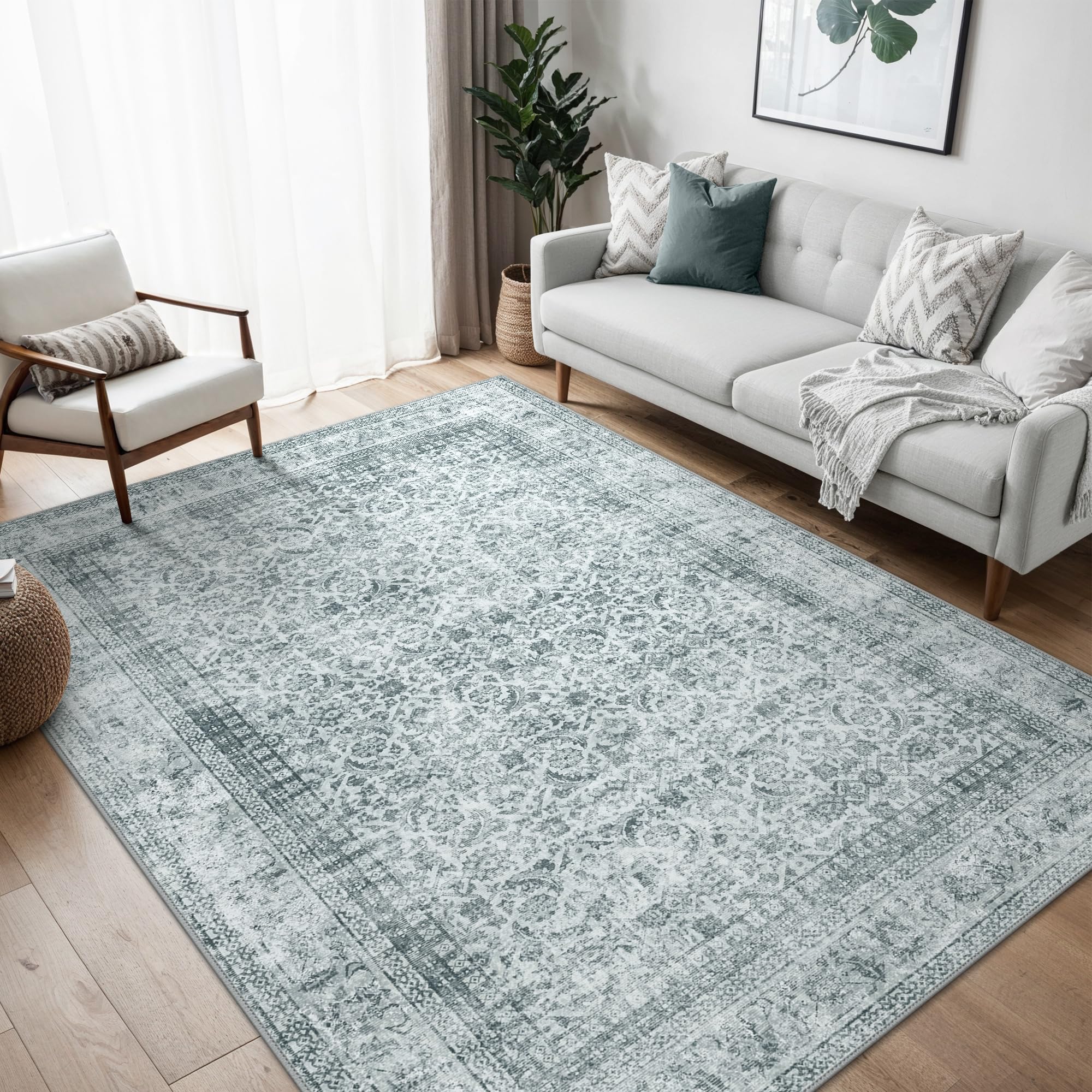BEIMO Tappeto Salotto Vintage 120x170cm, Tappeto Antiscivolo Lavabile, Moderno Tappeti Camera Da Letto, Tappeti Salotto Pelo Corto per Cucina, Soggiorno, Ufficio, Grigio