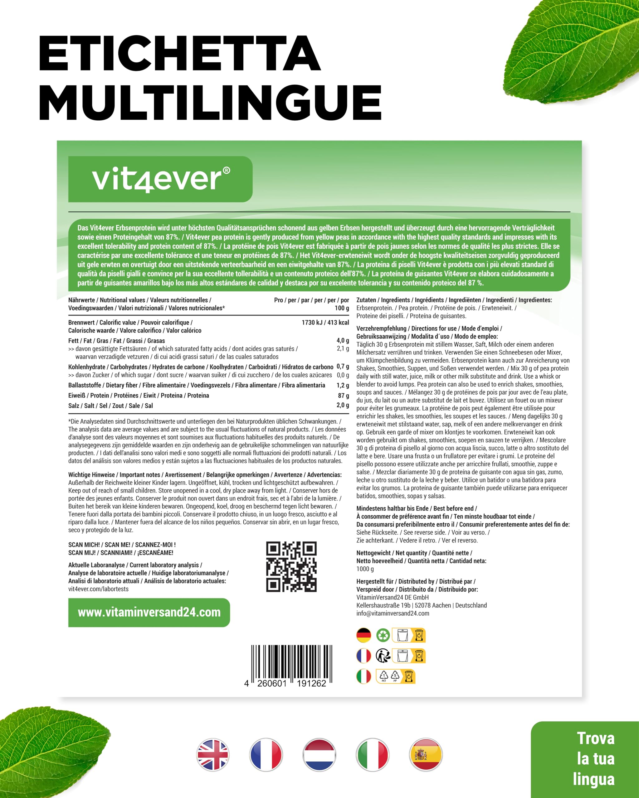 Proteine del Pisello in Polvere 1000 g (1 kg) - 87% Proteine - 100% Isolate (Pea Protein Powder) - Proteine Vegetali Vegane - Senza: Edulcoranti, Zucchero, Glutine, Soia, Lattosio - Origine Belgio