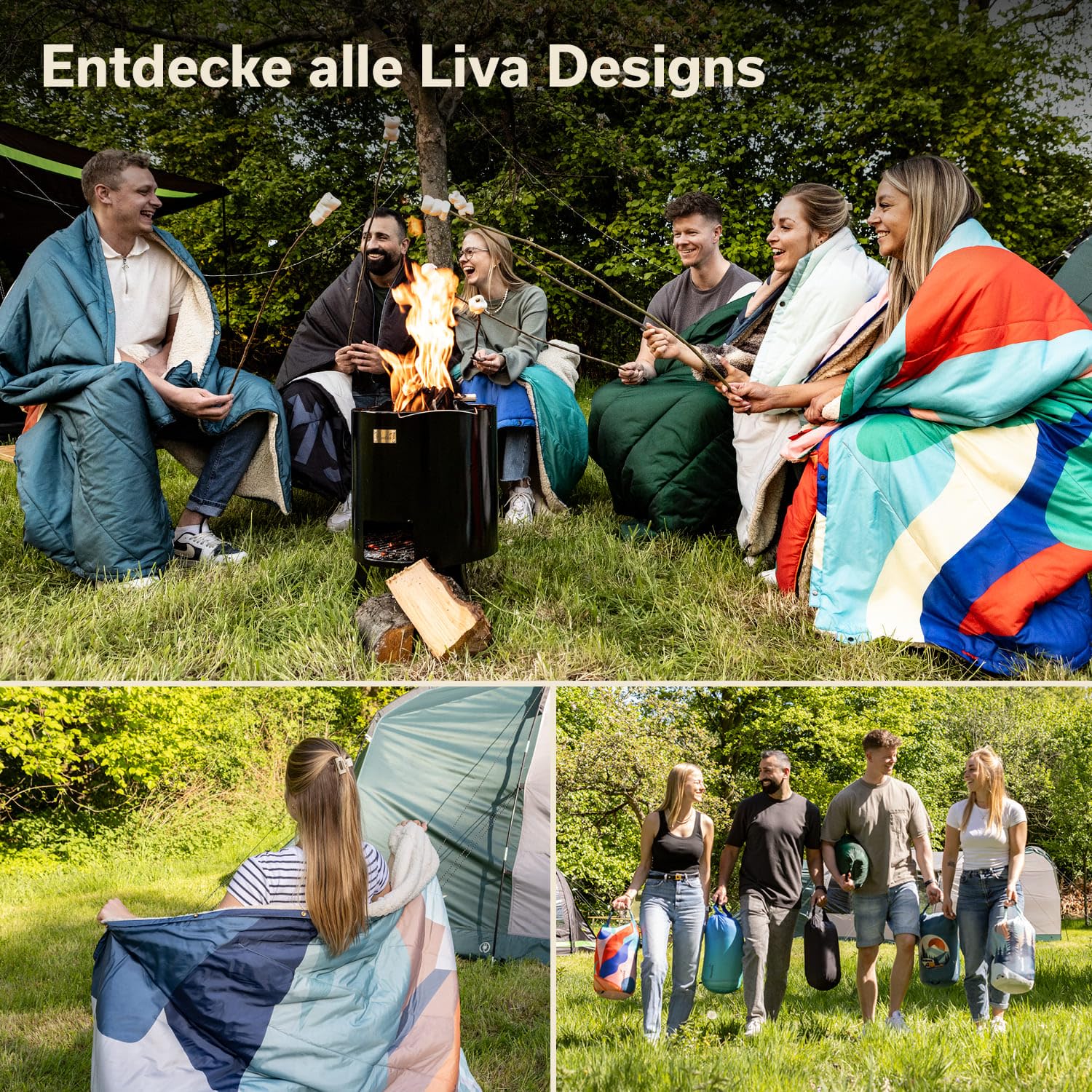 Skandika Campingdecke Liva | 4-in-1 Outdoor Decke, 200 x 135 cm, Überwurf, Schlafsack, Kissen, mit Teddyfell oder Nylon Unterseite, Wattierung aus Polyester, wasserdicht (Berge | Teddyfell)