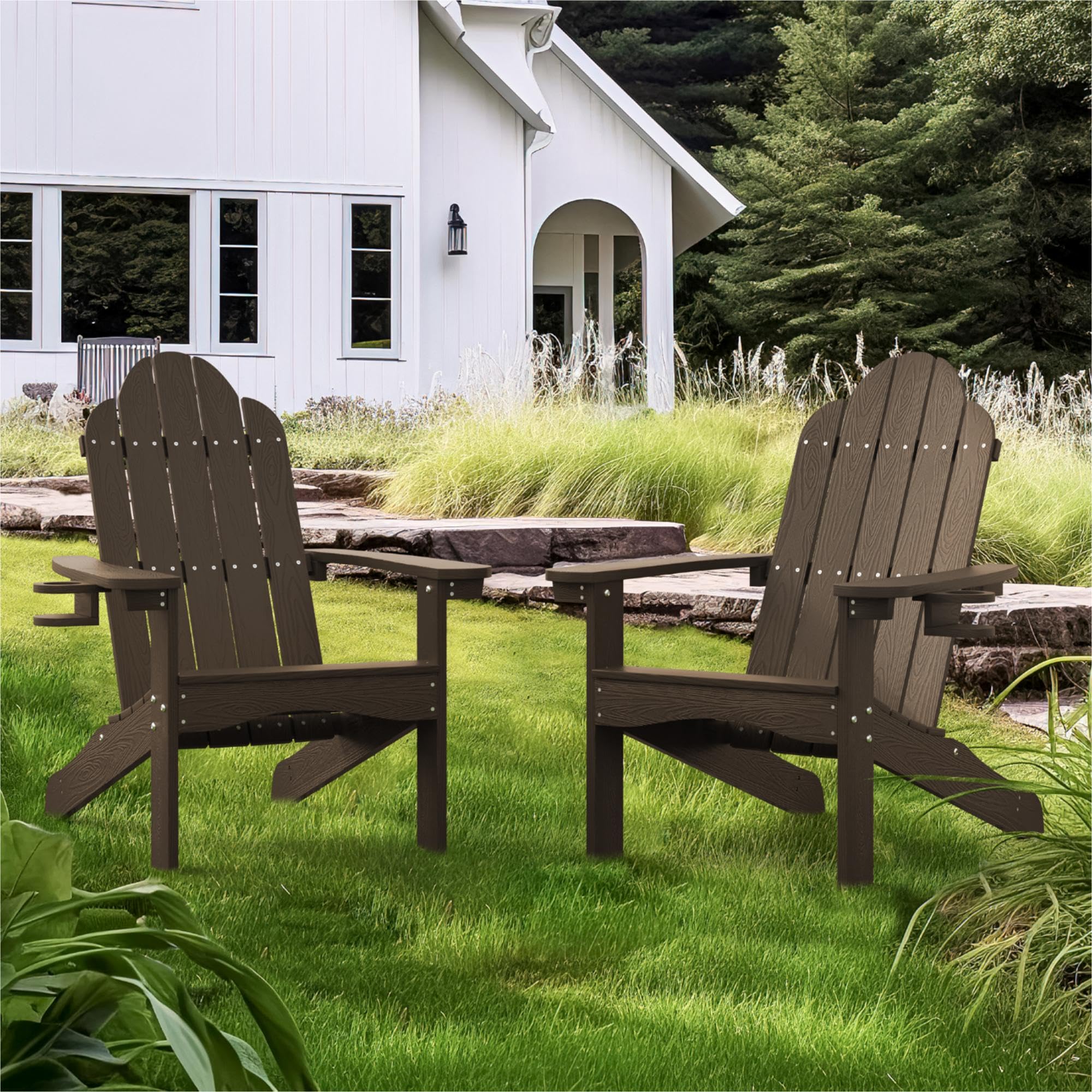 LUE BONA Adirondack Stuh 2er Set,Wetterfester Adirondack Chair aus Kunststoff,mit Becherhalter,Moderner Kunststoffstuhl für Terrasse,Garten,89 x 76 x 92cm,Tragfähigkeit 180kg,Kaffeebraun