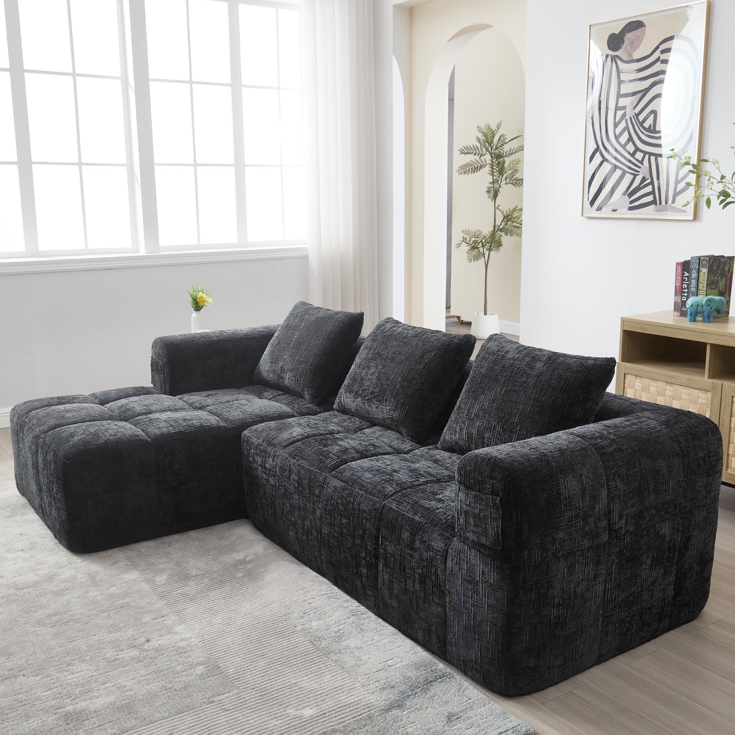 Sofá moderno modular, L, 3 plazas chaise longue, 3 almohadas, bolsillo lateral mando, chenilla, negro