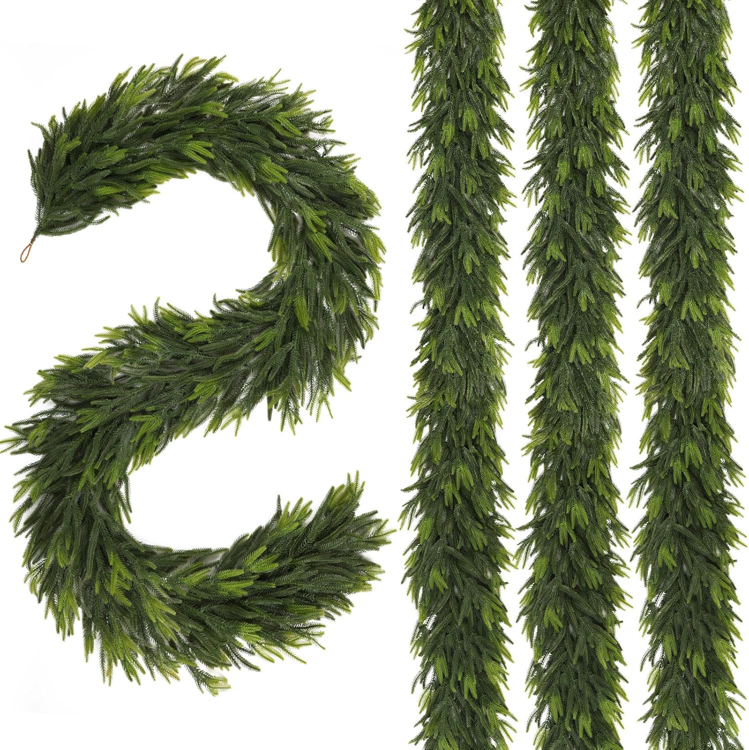 N&T NIETING 9FT Christmas Norfolk Pine Garland, Real Touch Pine Garlands Faux Greenery Garland Winter Christmas Garland for Table Mantle Holiday Indoor Outdoor Xmas Decorations (4 Pcs) 9 FT 4
