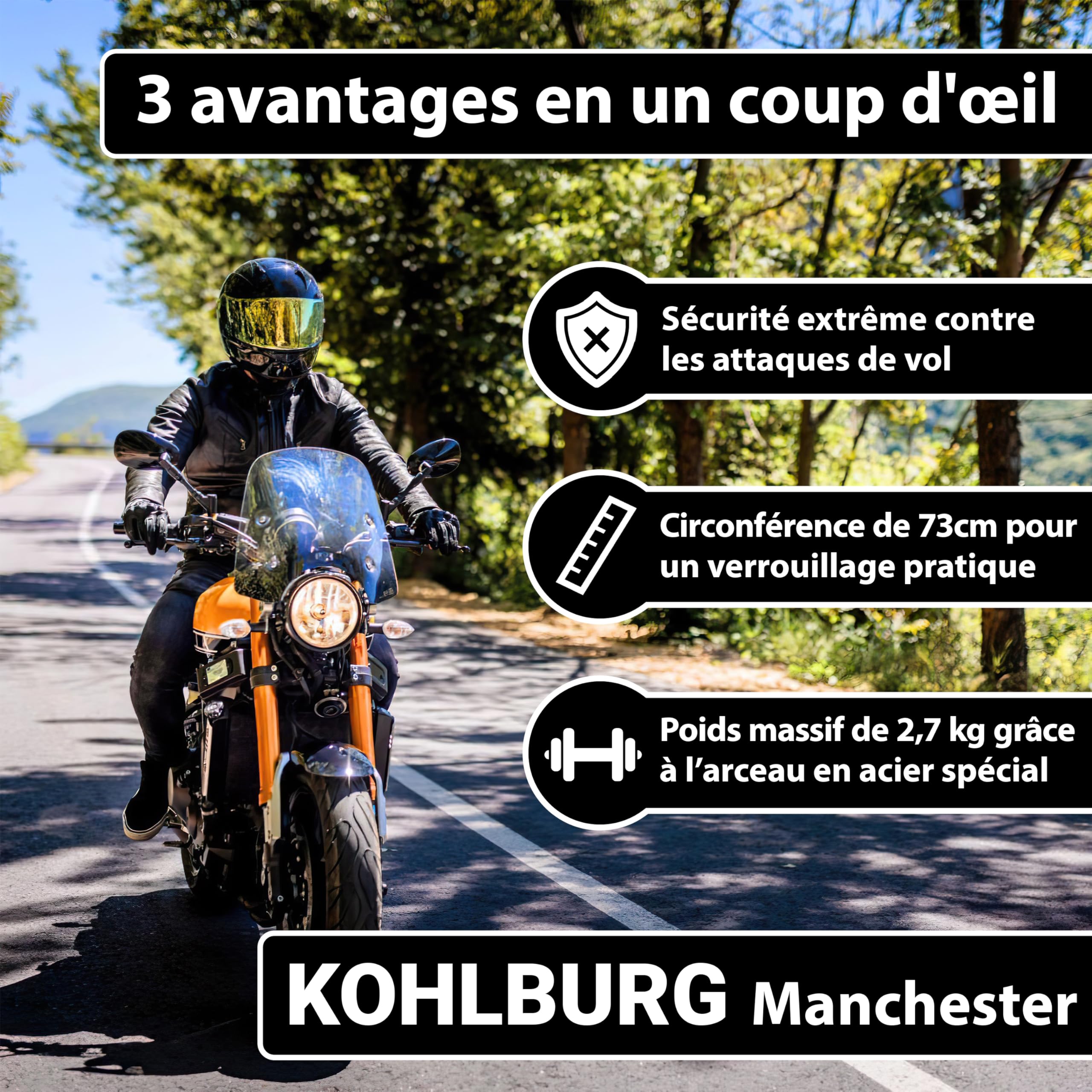 KOHLBURG Antivol en U de haute sécurité niveau 15+, Acier spécial 19 mm | Extrêmement sûr et 2,7 kg massif - Antivol pour moto, scooter, vélo électrique & vélo - U‑Lock vélos électriques & motos