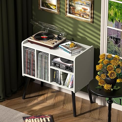 Miniatura 4 de Mesa de tocadiscos, soporte para tocadiscos de mediados de siglo con almacenamiento de vinilo con capacidad para más de 150 álbumes, gabinete de