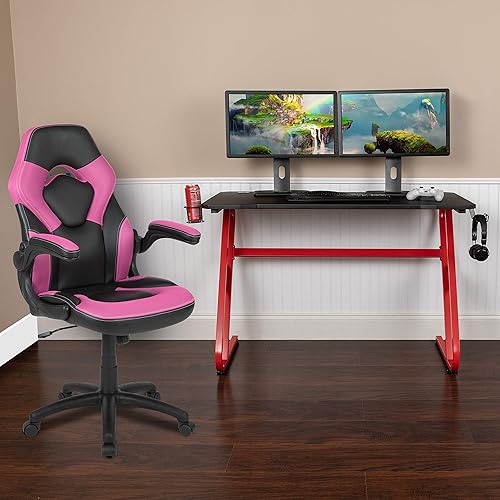 Miniatura 173 de Flash Furniture Juego de escritorio para juegos negro y silla de carreras blanco/negro con soporte para tazas, gancho para auriculares y soporte