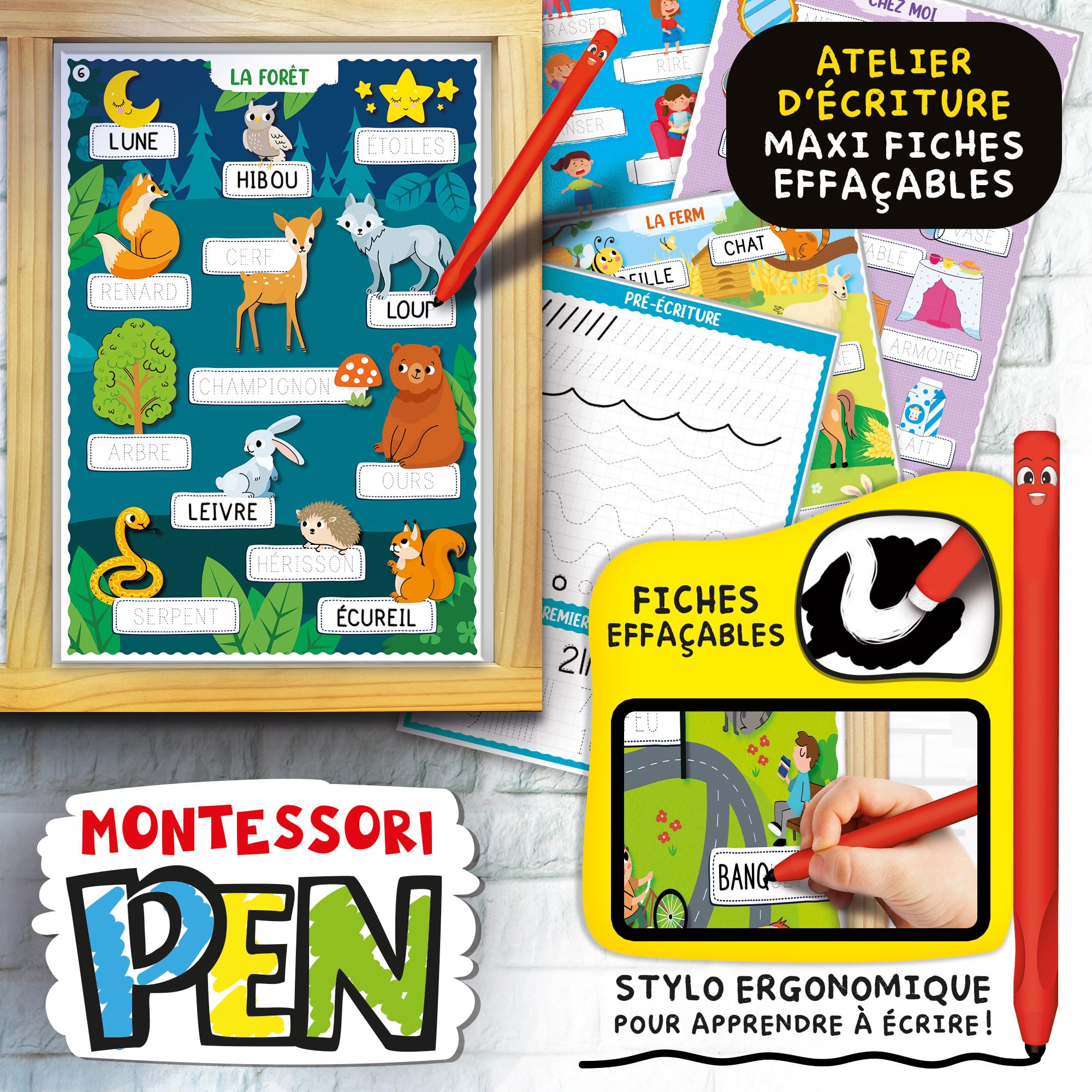 Lisciani - Montessori Pen : Super École - Tableau Magnétique Montessori pour Enfants dès 3 Ans - Format Maxi - Stylo Ergonomique - Apprentissage ludique - Encourage l'exploration -Fabriqué en Italie