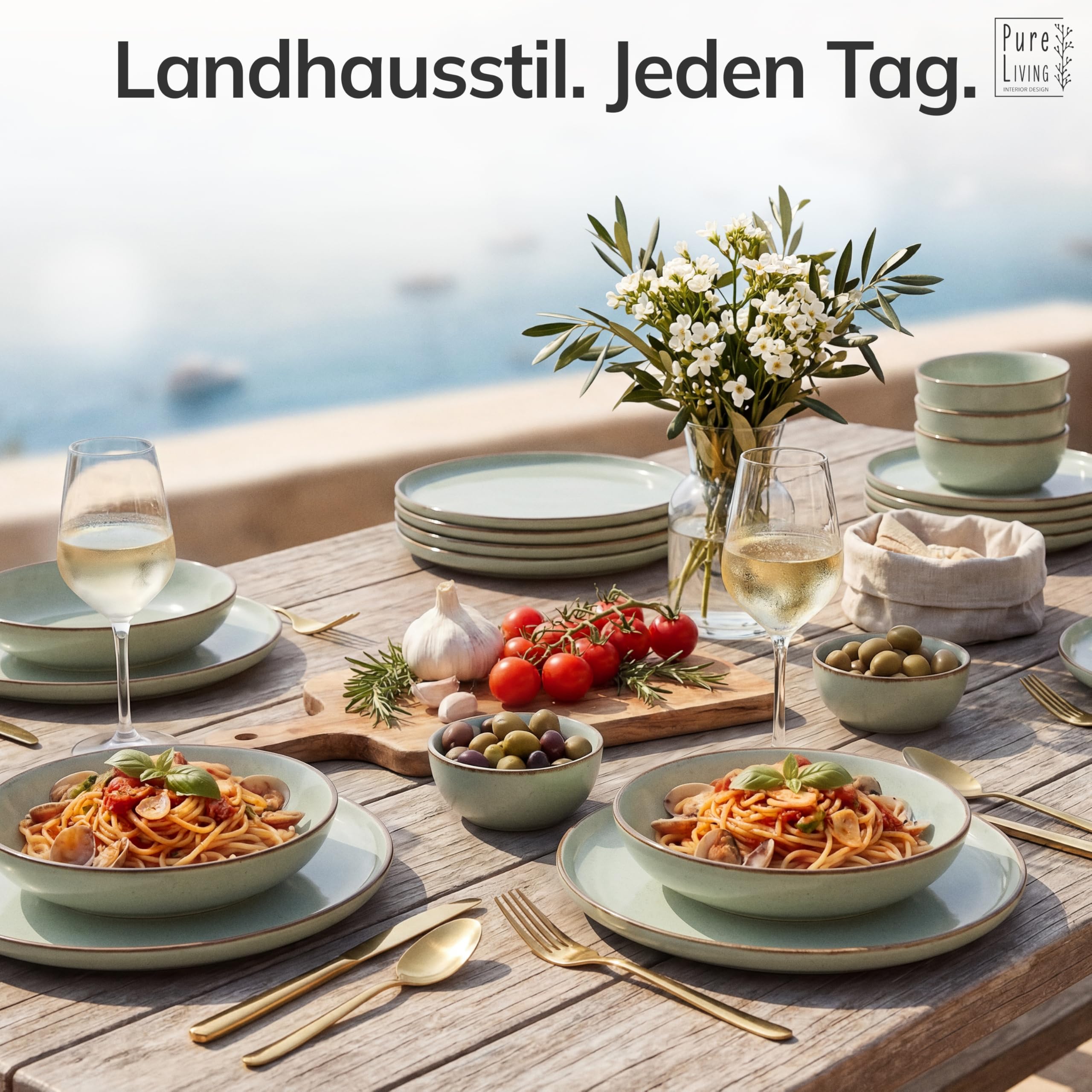 Steingut Geschirrset 12 Personen Rustic 36 tlg. TESTSIEGER, Hochwertiges Landhaussttil Steingut Geschirr Set, Schüssel- und Teller Set, Tafelservice 12 Personen, Geschirrsets Pure Living in Mintgrün Küche, Haushalt & Wohnen