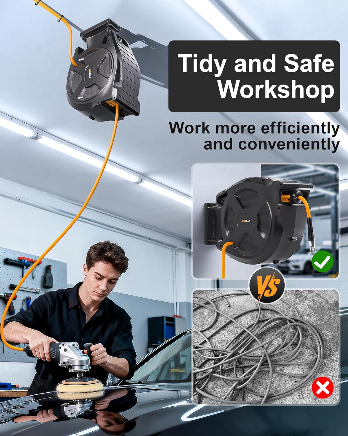 Retractable Air Hose Reel, 3/8" x 80Ft Flex Hybrid Air Hose Max 300PSI Kink-resistant Air Compressor Hose Reel Auto Rewind with 6Ft Lead in, Quick Connect, 180° Swivel Mounting Kit. - Image 4