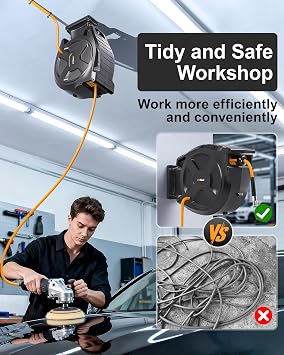 Retractable Air Hose Reel, 3/8 x 100Ft Flex Hybrid Air Hose Max 300PSI Kink-resistant Air Compressor Hose Reel Auto Rewind with 6Ft Lead in, Quick Connect, 180 Swivel Mounting Kit.
