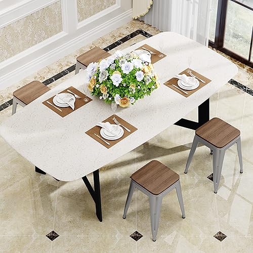 Miniatura 55 de [Juego de 4] Taburete metálico apilable industrial moderno para interior/exterior 17 pulgadas, Metal Plata sin espalda con madera,Sin espalda negro