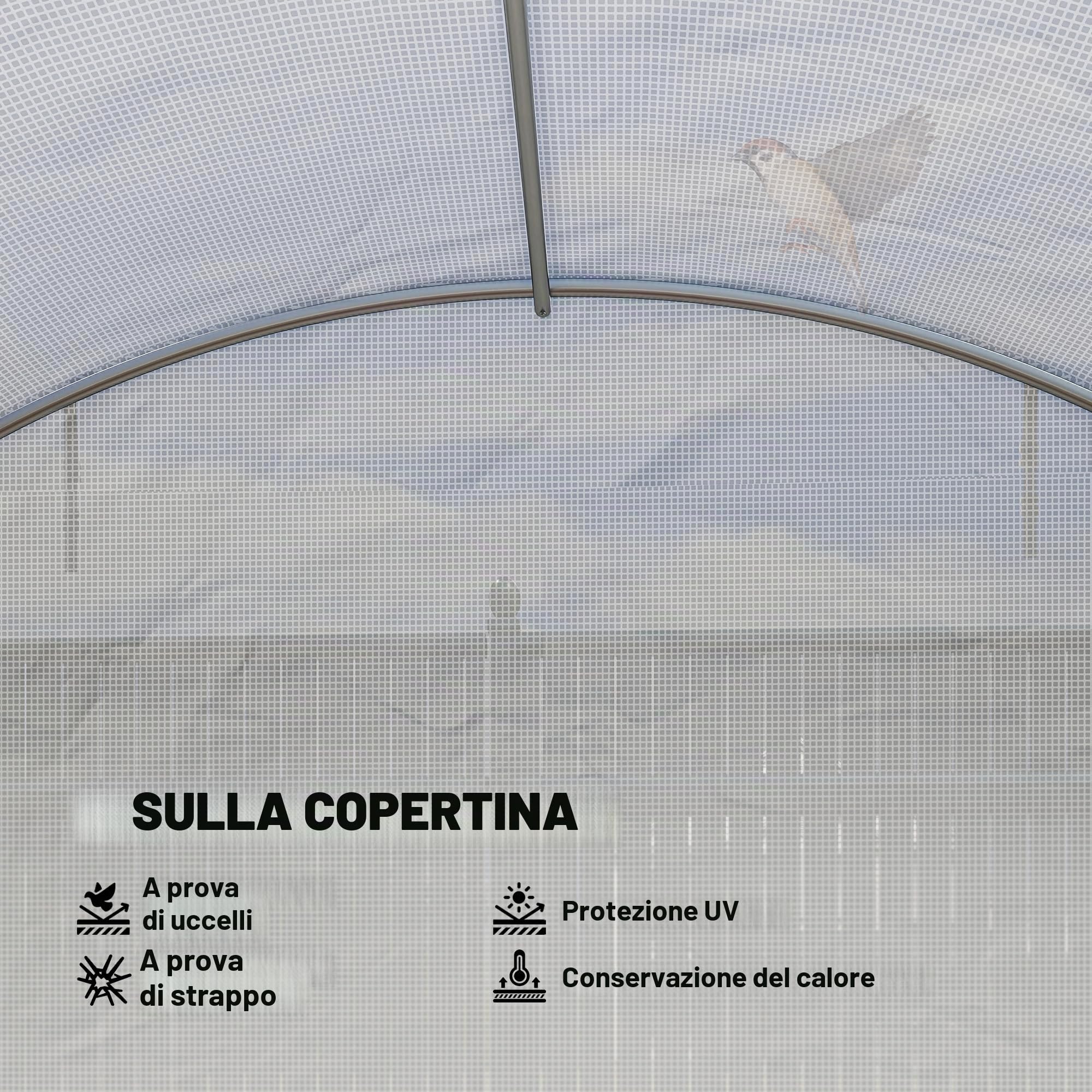Outsunny Serra da esterno 6x4x2 m, Serra a tunnel con 2 aste di supporto, porte avvolgibili, finestre con rete, copertura in PE e telaio in acciaio zincato, anti-UV, impermeabile, bianca