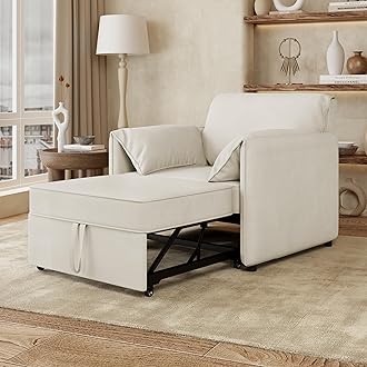 3-in-1 Convertible Sleeper Chair Sofa Bed, Pull-Out Adjustable Backrest with Thick Cushions, Multi-Functional Linen Armchair for Living Room, Bedroom, Office – White (Modern, White)