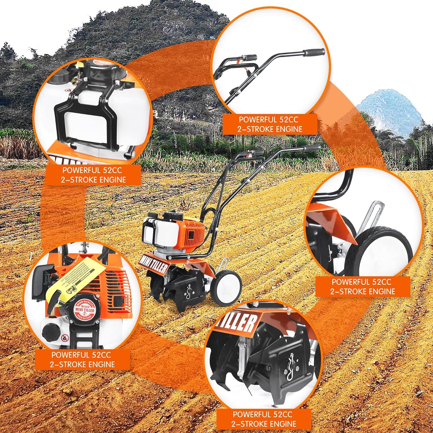 Snapklik.com : NEOTEC Mini Tiller Cultivator, 52cc 2 Stroke Gas Powered ...