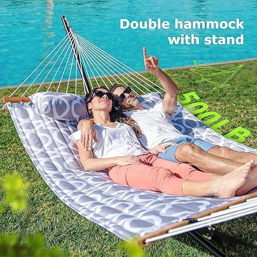 Miniatura 2 de ANAGOO Hamaca doble con soporte para exteriores, hamaca portátil resistente con soporte de acero ajustable para patio, jardín, playa, patio trasero,