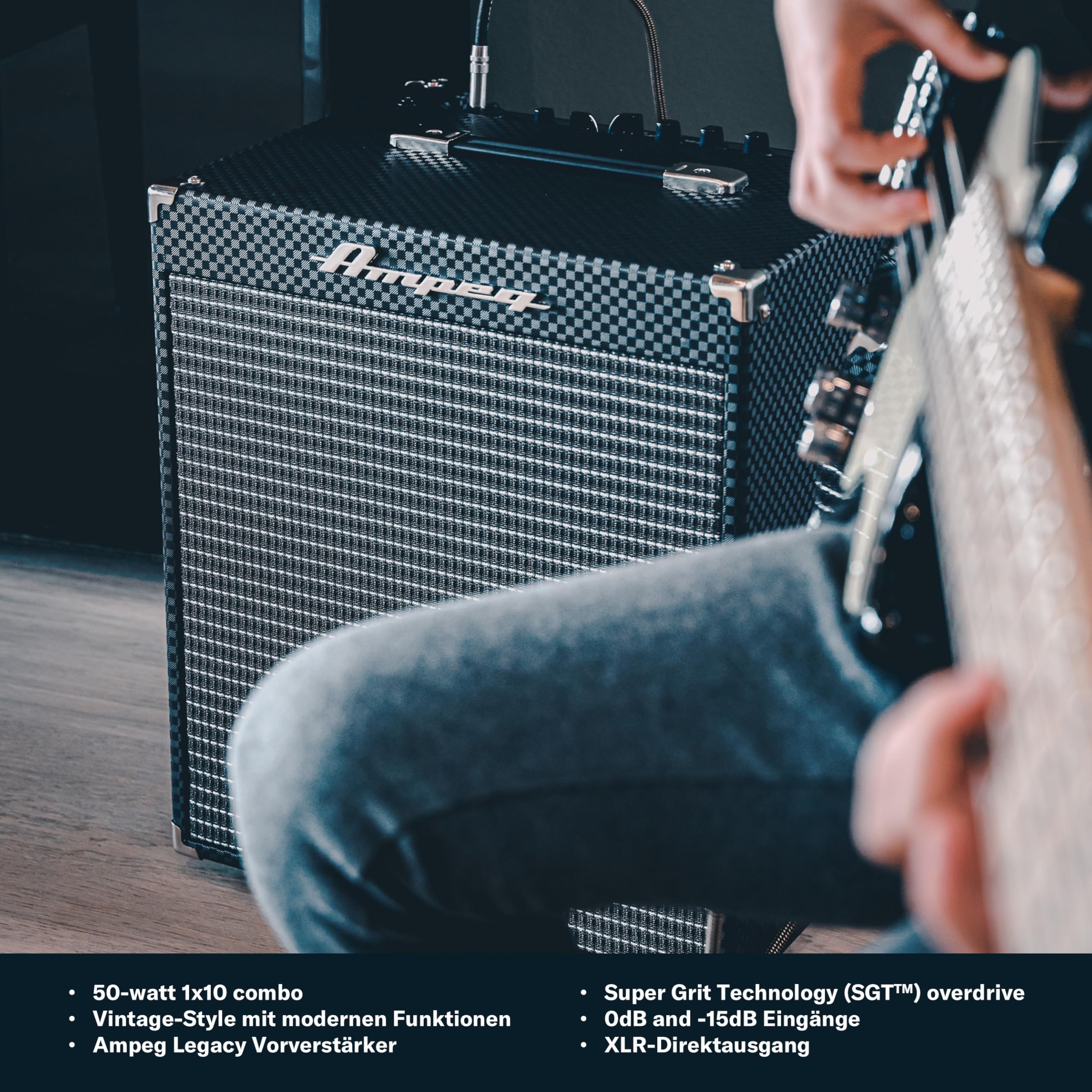 AMPEG RB-110 Basscombo – 50W Übungsverstärker mit AMPEG Legacy Preamp, SGT Overdrive, 3-Band-EQ, AUX-In, XLR-Line-Out, Kopfhörerausgang, 1x10 Speaker – Schwarz