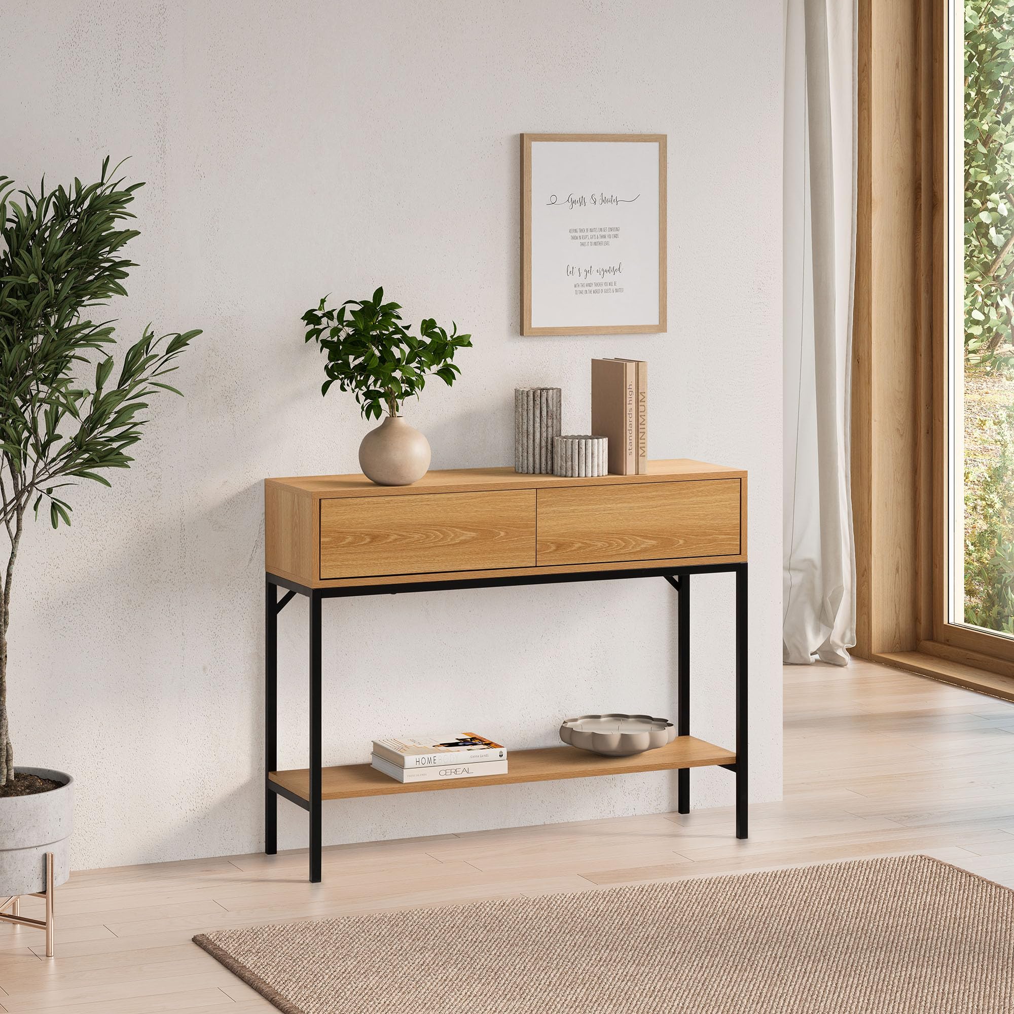 HOMN LIVING Consolle da ingresso Auri con 2 cassetti, colore rovere, 100 cm (larghezza) 30 cm (profondità) 80 cm (altezza)