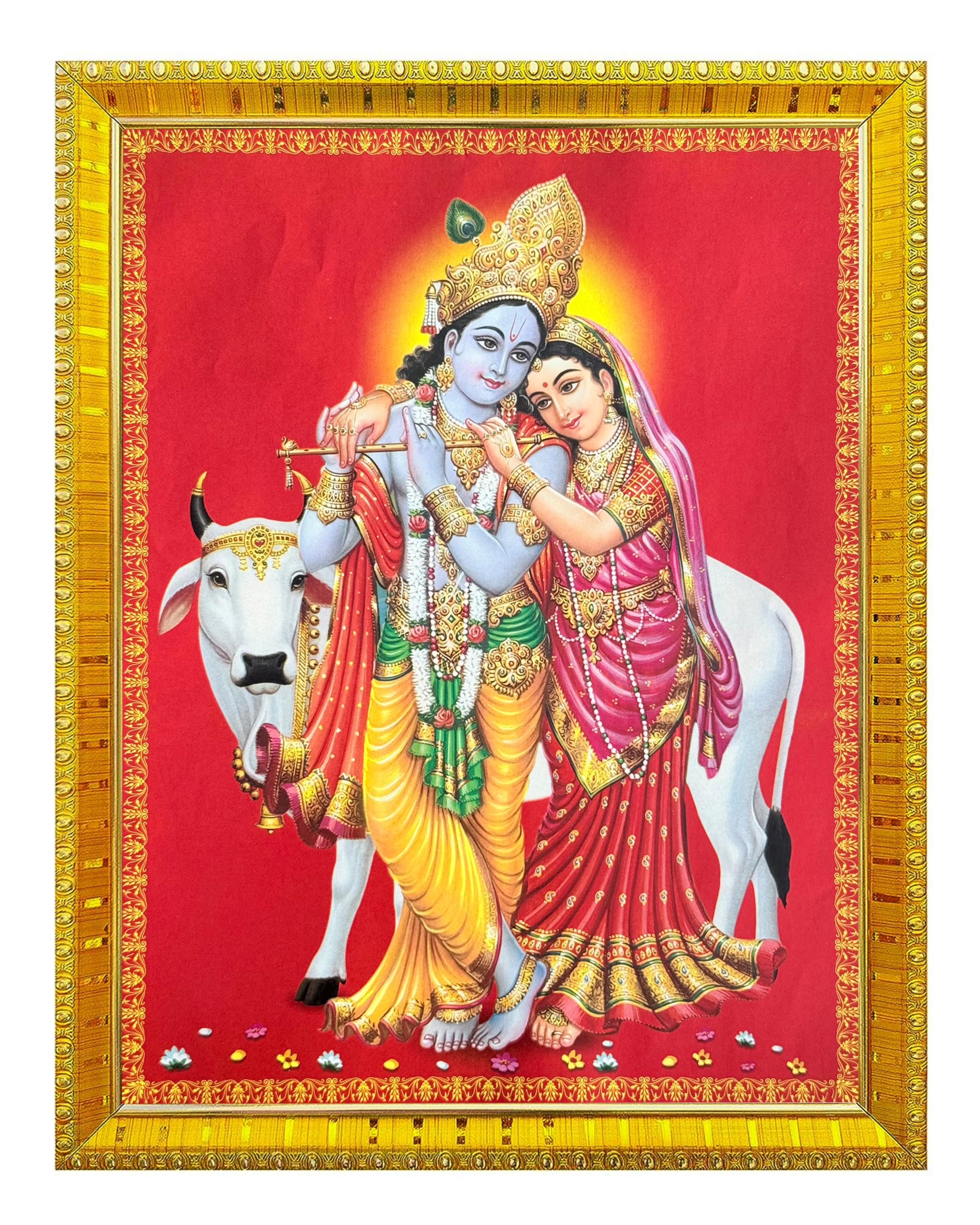 Koshtak Radha Krishna With Cow & Bansuri/Krishna Radha Photo Frame With Glossy Lamination On Poster With Golden Frame For Puja Room/Temple/Wall Hanging/Gift/Home Decor/Worship Size 30cm x 23 cm…