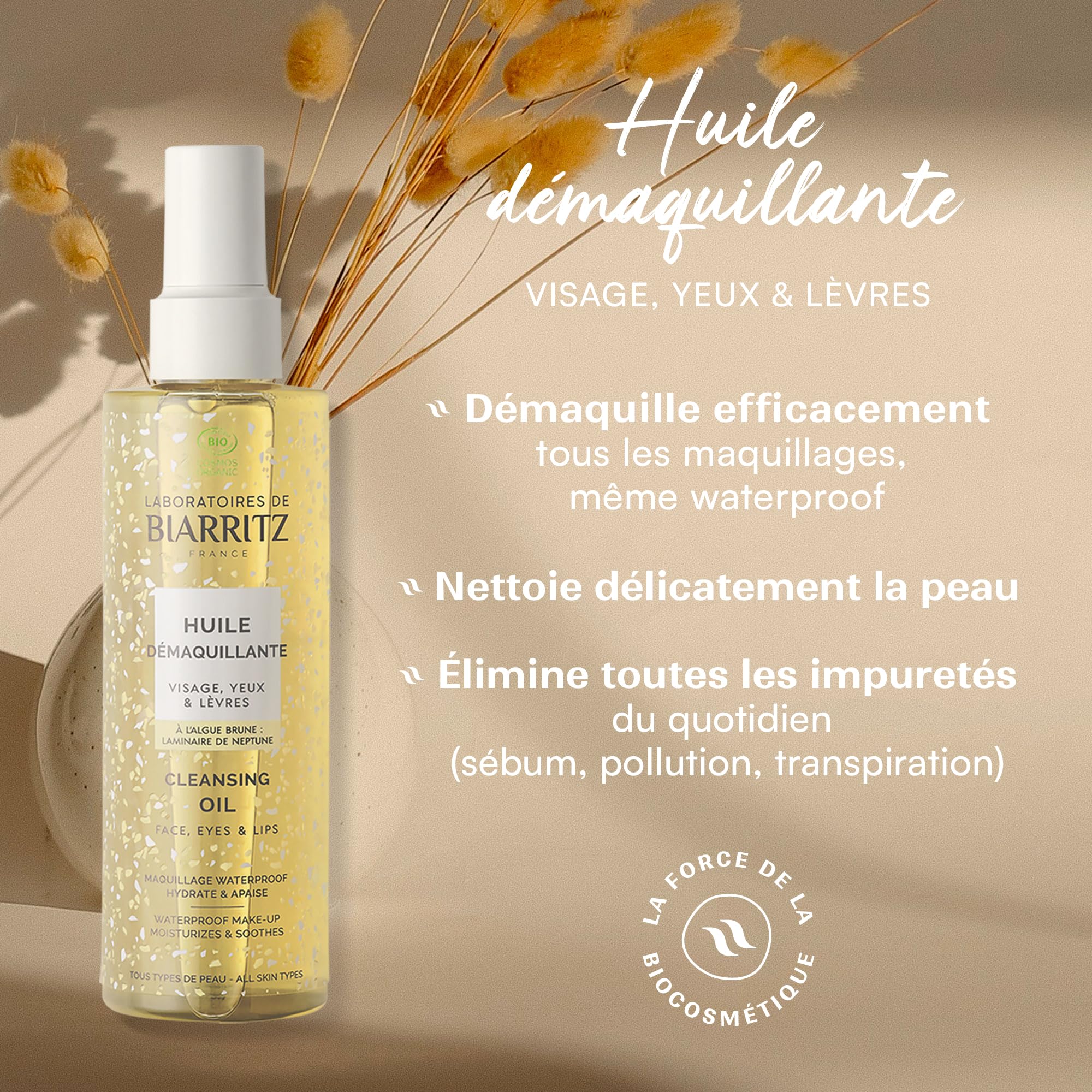 Laboratoires de Biarritz - Huile Démaquillante Visage, Yeux, Lèvres - Démaquille, Hydrate et Apaise - Efficace sur Maquillage Waterproof - Certifiée Bio - Formule Vegan - Fabriquée en France - 200 ml