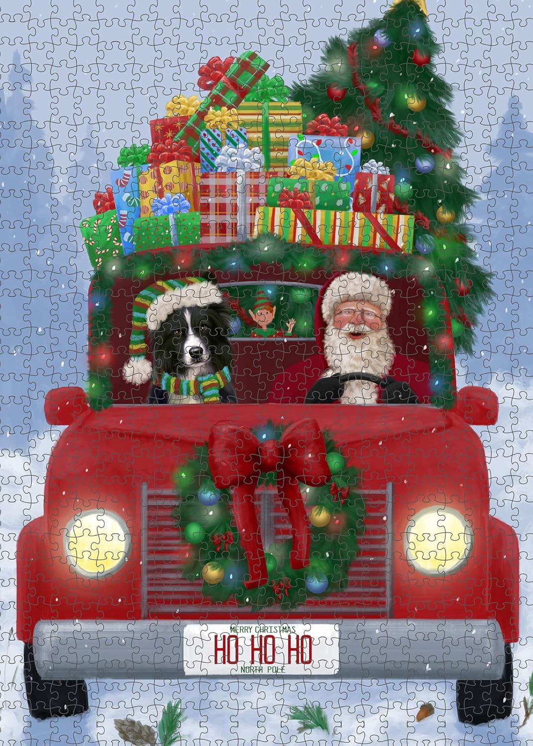 Christmas Honk Honk Red Truck with Santa and Border Collie Dog Jigsaw Puzzle for Adults - Animal Printed Interlocking Puzzle Game Gift for Dog Lover's - 1000 Pcs 29.5"x19.7", PZLE59741
