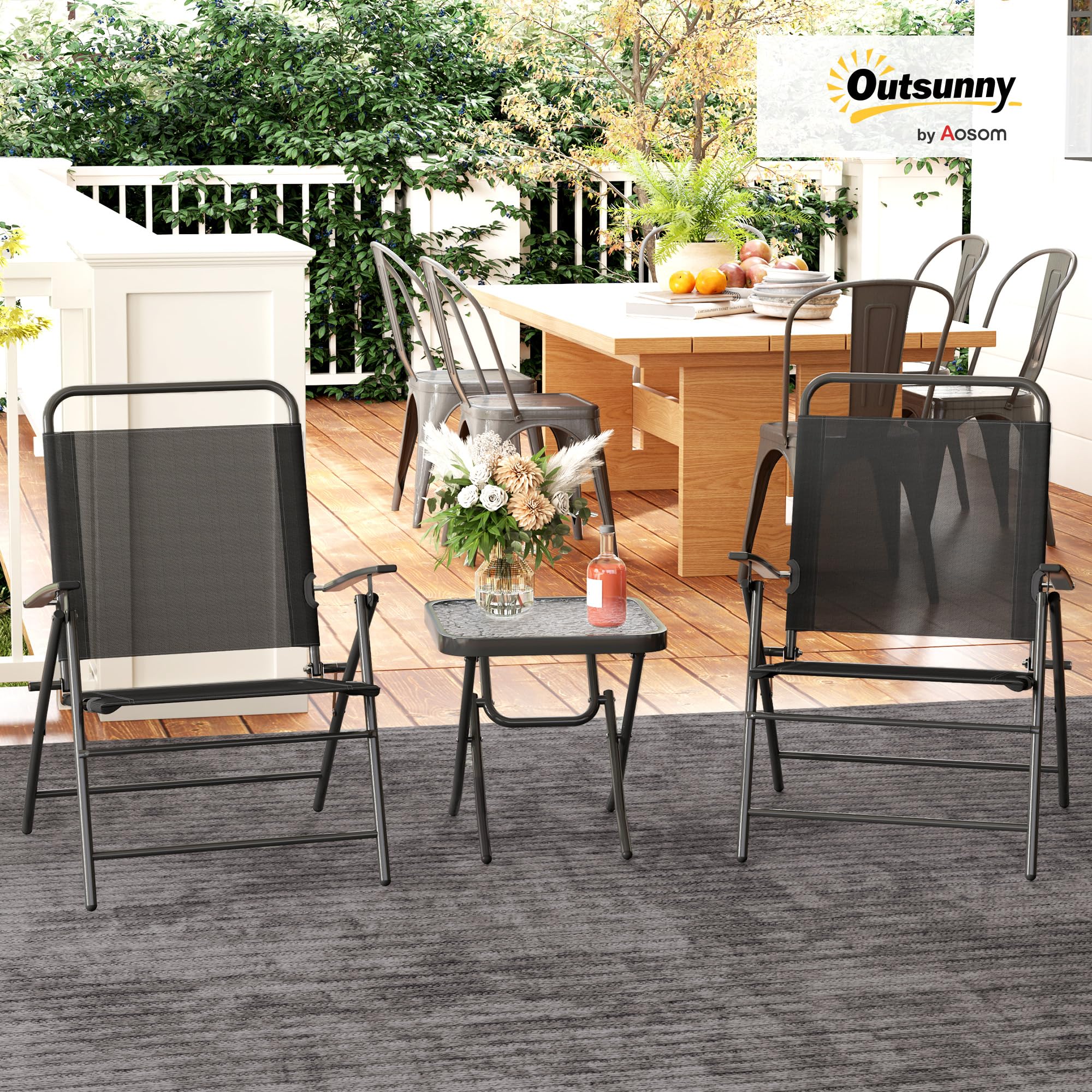 Outsunny Conjunto de Mesa y Sillas de Terraza Exterior de 3 Piezas Muebles de Jardín Exterior Plegables con Respaldo Regulable Tablero de Vidrio y Estructura de Acero Negro
