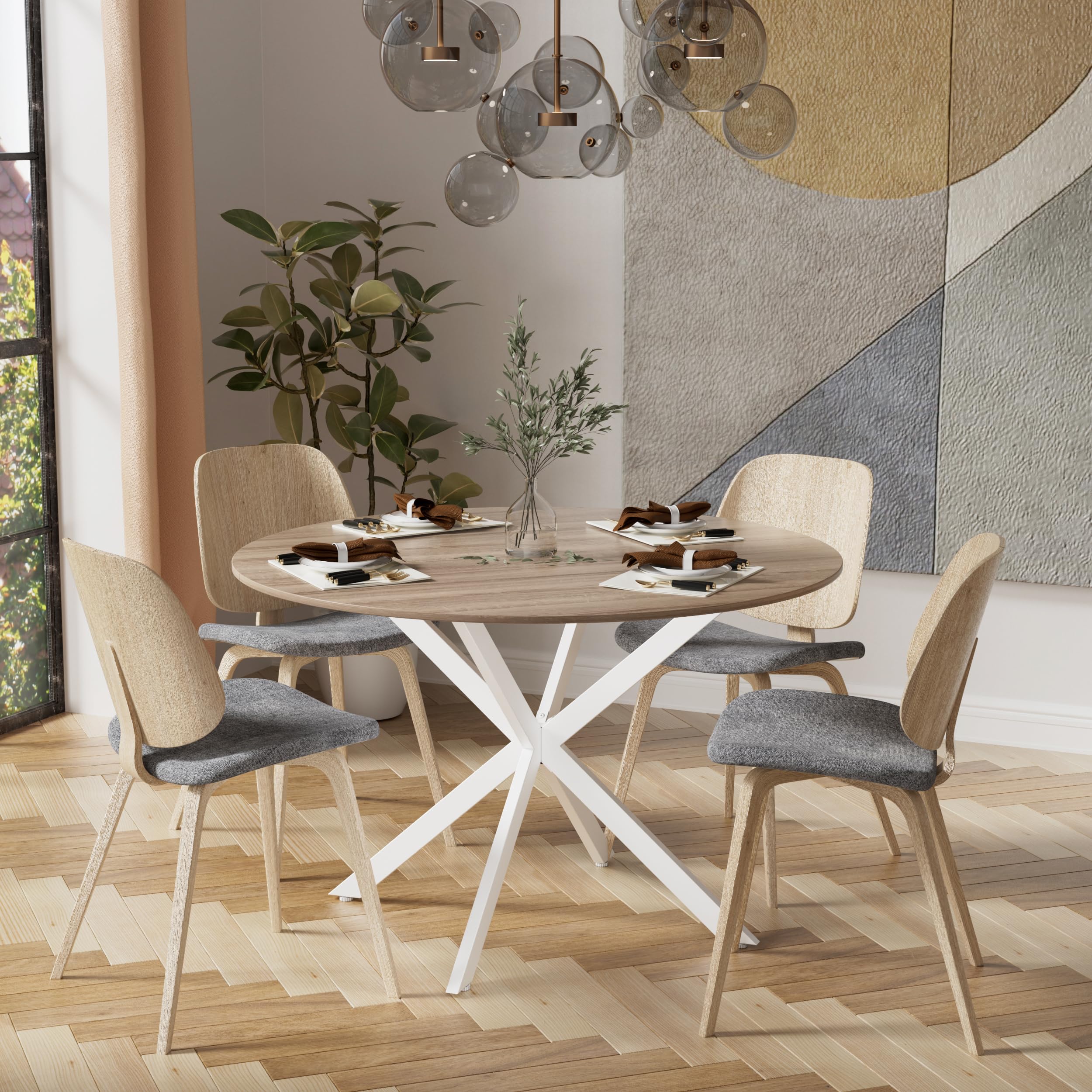 MSFE Table de Salle à Manger Ronde 120 cm, Table de Cuisine Rétro pour Salle à Manger avec Pieds en Métal Noir et Finition Noyer Naturel Délavé,Capacité 4-6 Personnes, Pieds de Table Blancs