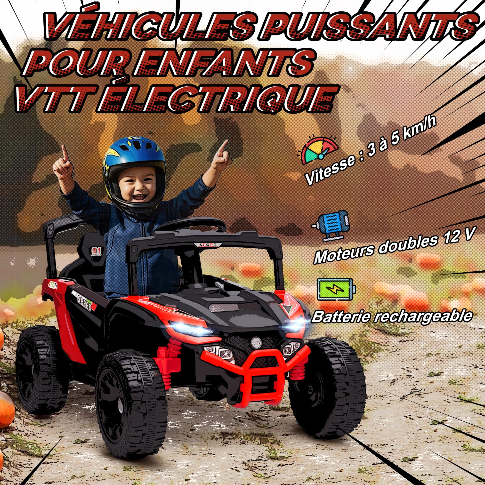 AIYAPLAY Voiture Électrique Enfant UTV, 12 V à 2 Moteurs 3-8 Ans Rouge | Buggy Électrique Enfant, avec Télécommande, Phares LED, Musique et Klaxon