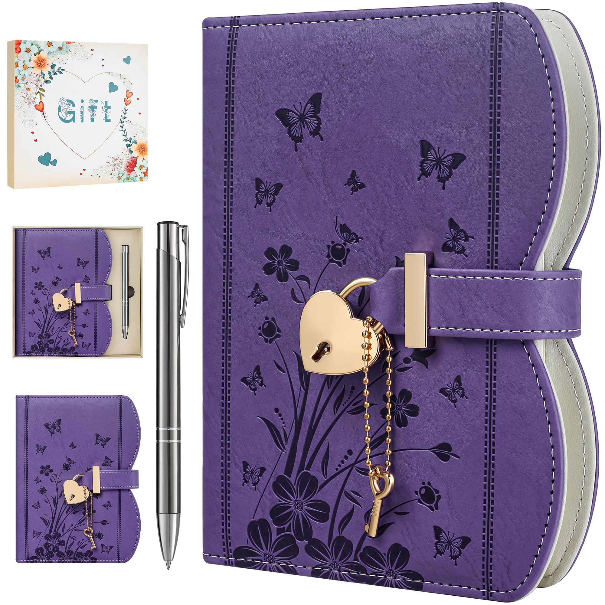 HwxBen Diary with Lock and Keys for Girls and Women, Ideas with Gift Box and Pen and Bookmark, Journal for Women with 244 Pages, B6 Refillable Notebook with Lock for Writing, Purple