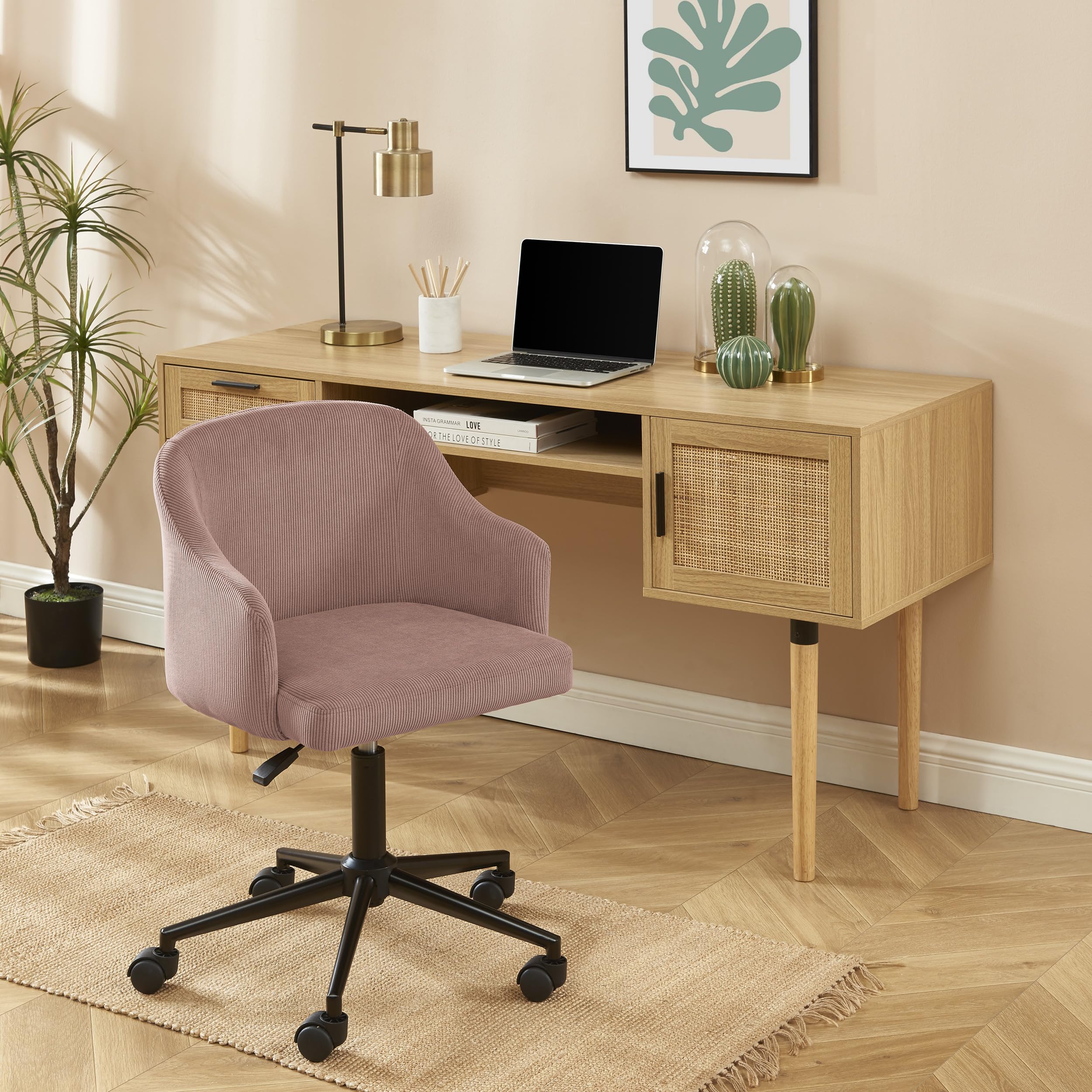 BAÏTA Fauteuil de Bureau à roulettes Barnabe avec Hauteur réglable en Velours côtelé Vieux Rose