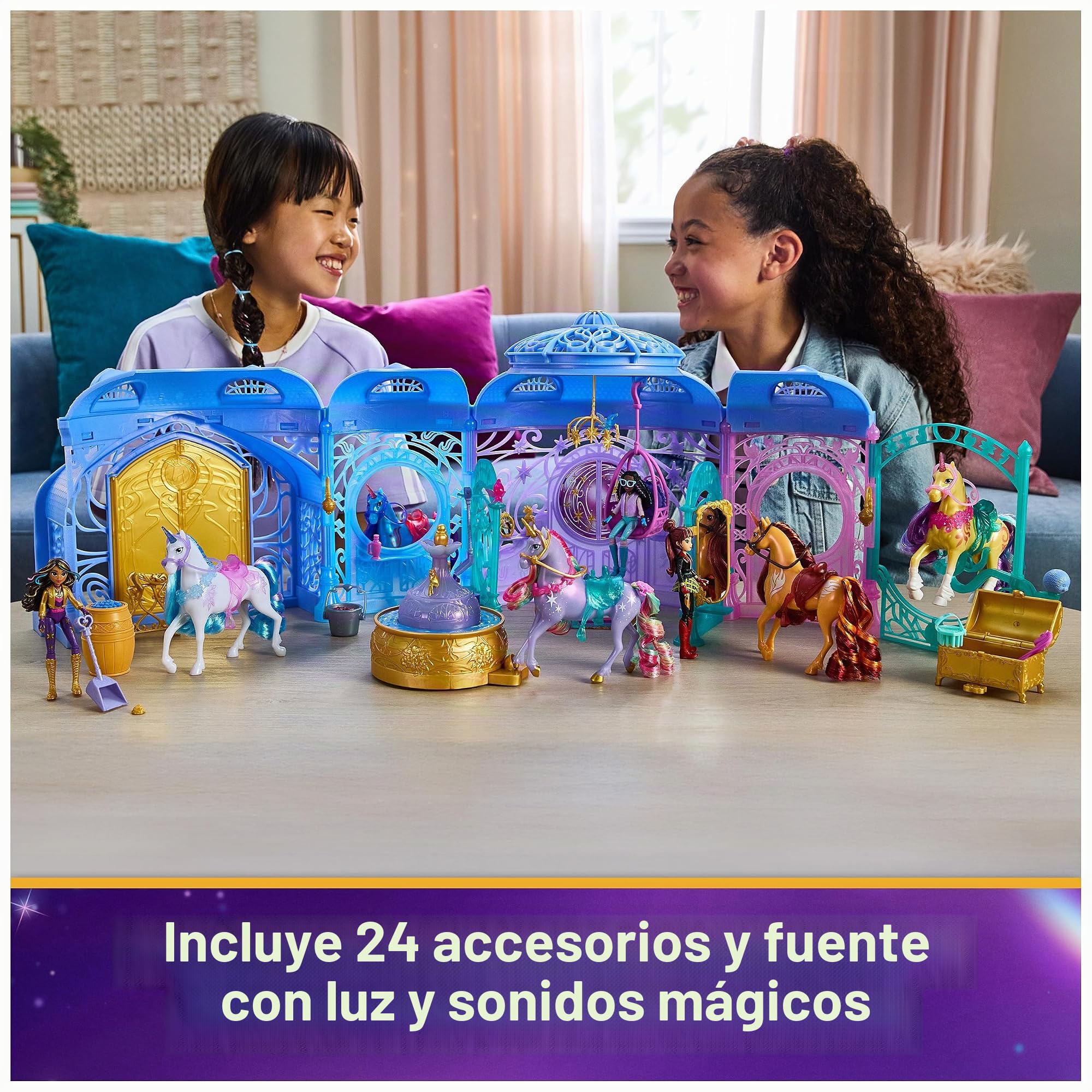 Unicorn Academy - Set de Juego Estable de 90 cm, Incluye Fuente con Efectos de luz y Sonido, Unicornio de 12 cm y 24 Accesorios, Juego Original de la Popular Serie Netflix, para niños a Partir de 4