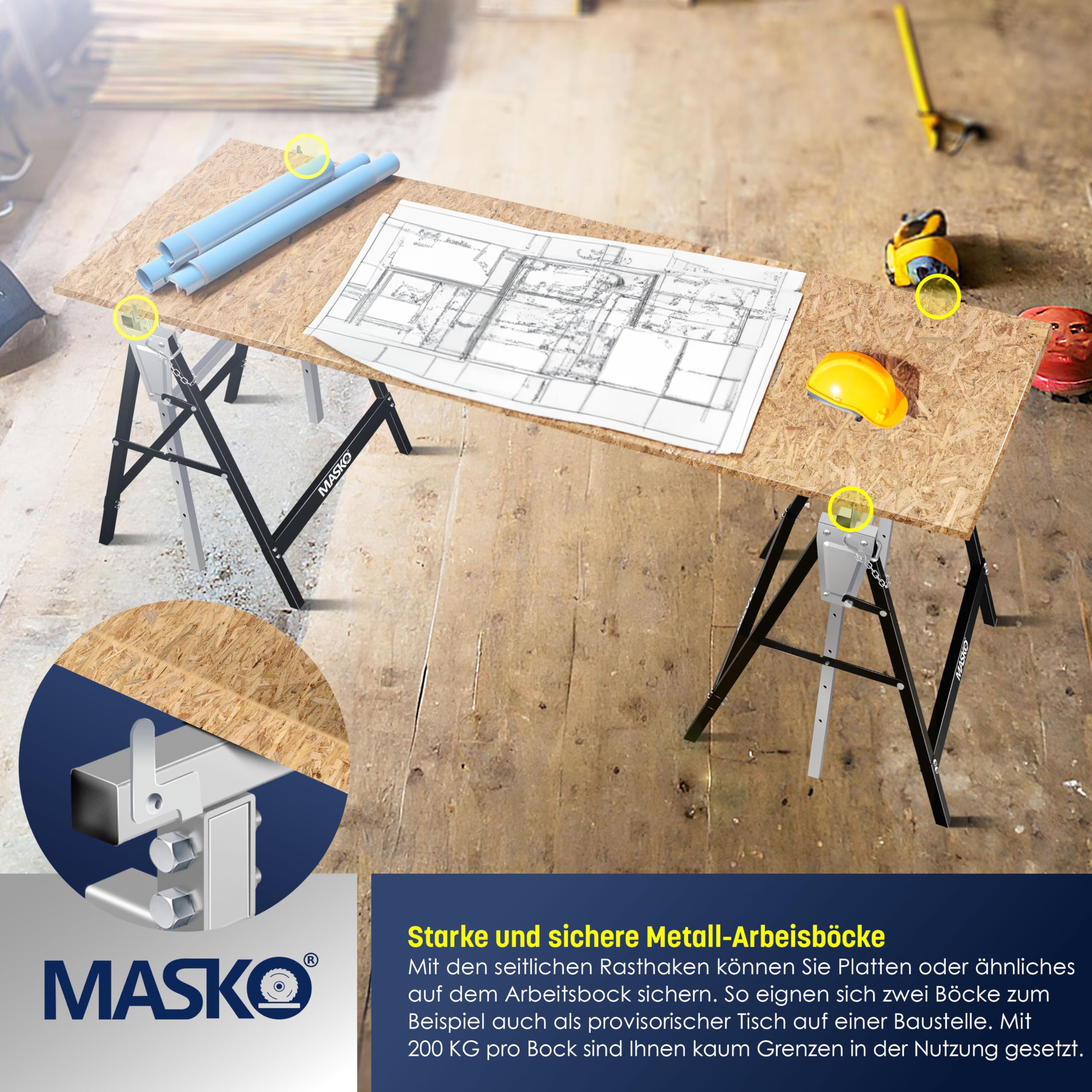 MASKO® Caballete de trabajo Telescópico, Capacidad de Carga máx. 200 kg, Caballete de Andamio, Regulable en Altura - Altura de trabajo 800-1300 mm, incl. Guantes, Juego de 4 - Plata/Negro