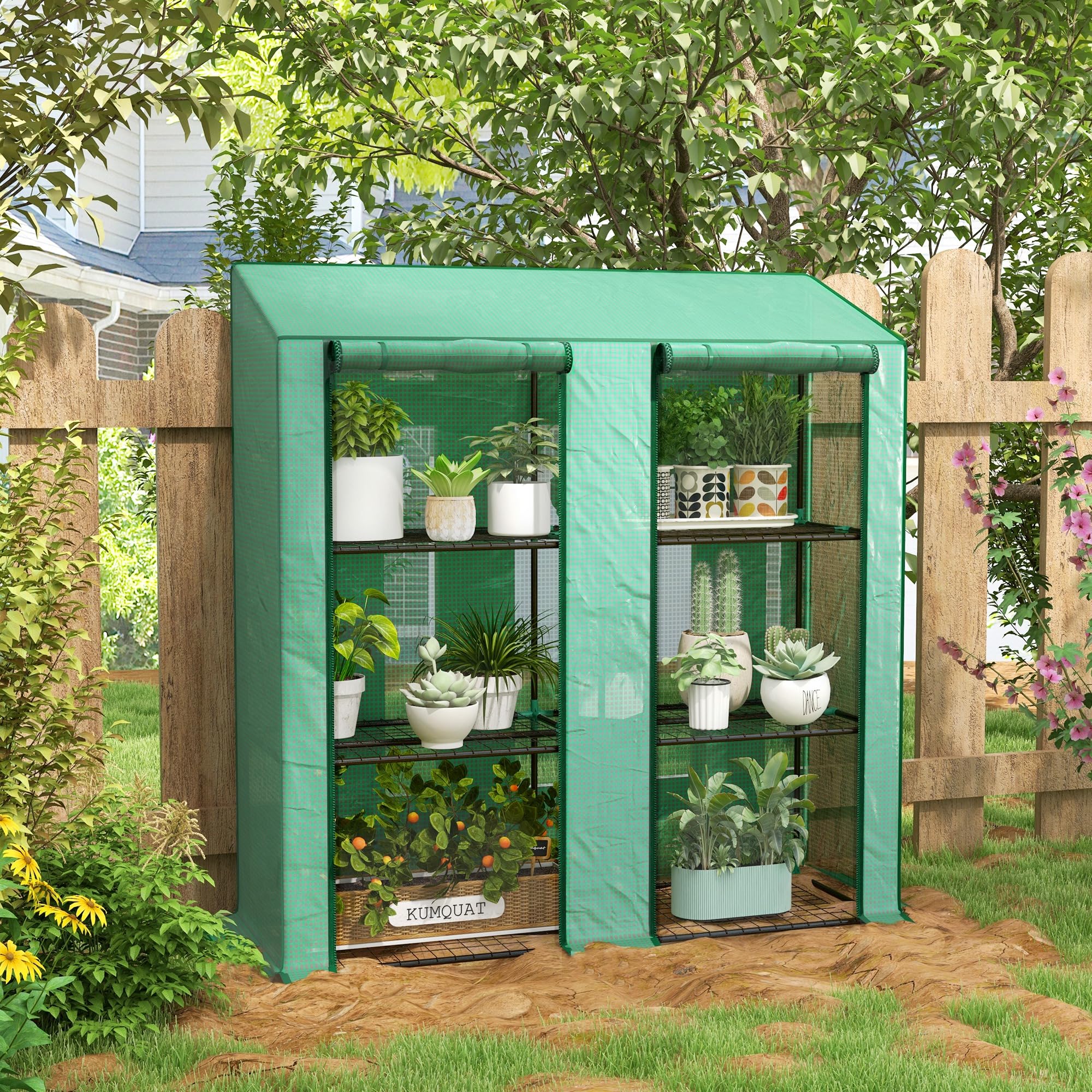 Outsunny Serra da Giardino con Copertura in PE e 6 Mensole a Rete, Serra Addossata da Balcone con 2 Porte Avvolgibili, 143x46x151cm, Verde