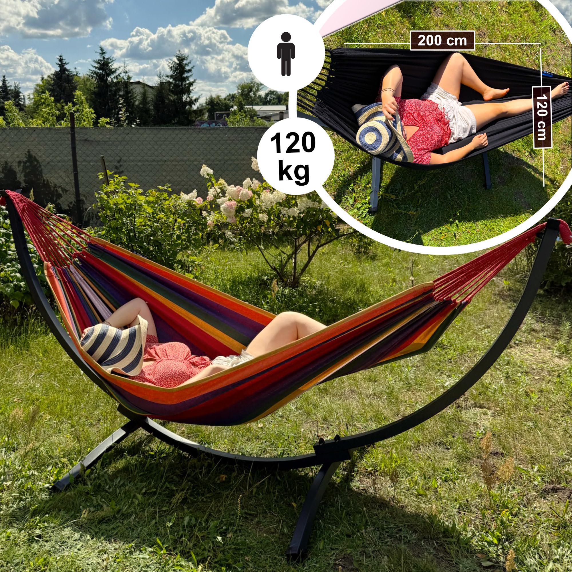 Potenza Hängematte mit Gestell I Stabiler Rahmen 200kg - 250cm Balkon I Hängematte 200x120cm I Indoor Outdoor Garten Pool Terrasse Stahl (Basic Gestell Graphit, Rot)