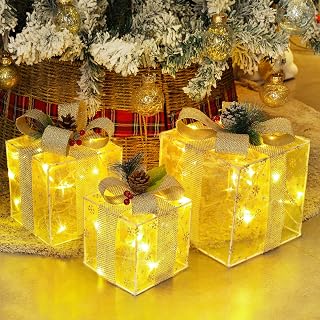 Set of 3 Christmas Lighted Gift Boxes Decorations, Pre-lit Snowflakes Present Box with Silver Bowknot, Light Up Xmas Tree Skirt Ornament, Indoor Outdoor Plug in for Home Pathway Holiday Party