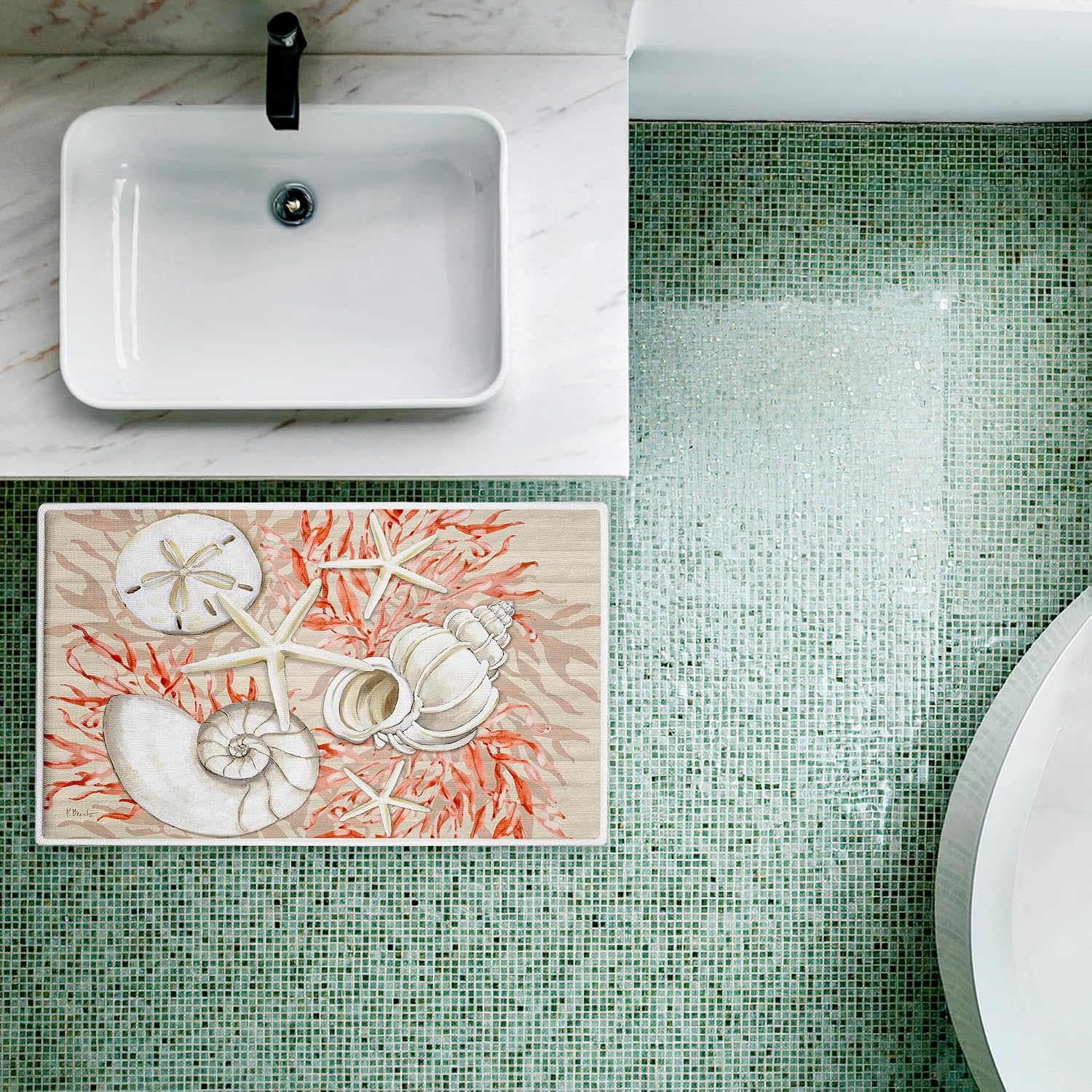 Stupell Industries Coral & White Shells Plush Bathroom Mat & Bath Rug, Soft Quick-Dry Non-Slip Bathroom Rug with Recycled Foam Cushion, Coastal Nautical Shell Design by Paul Brent, 18"x30"