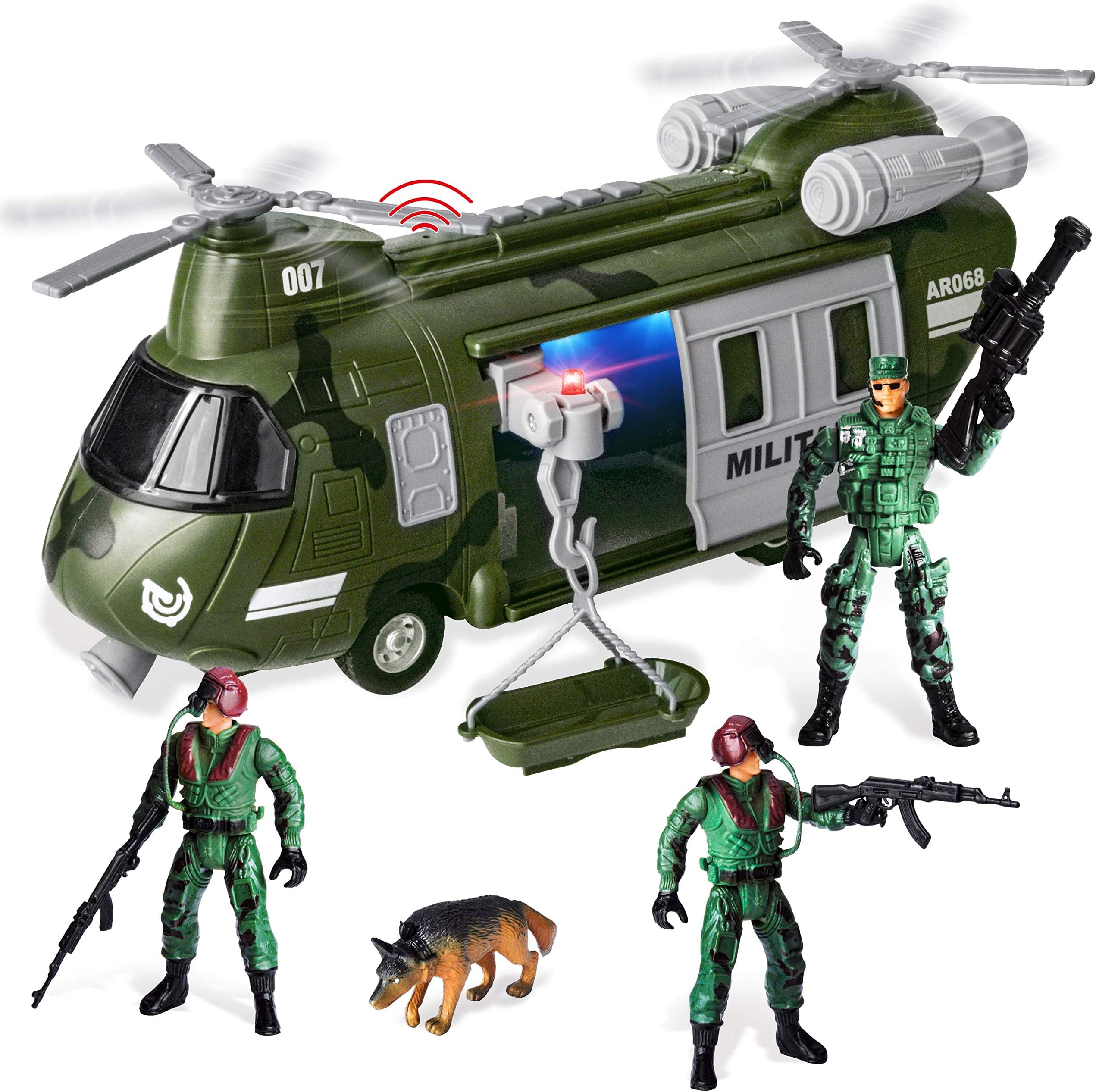 Military Vehicles Toy Set of Friction Powered Transport Helicopter with Light and Sound Siren, and Soldier Army Men Action Figures for Kids