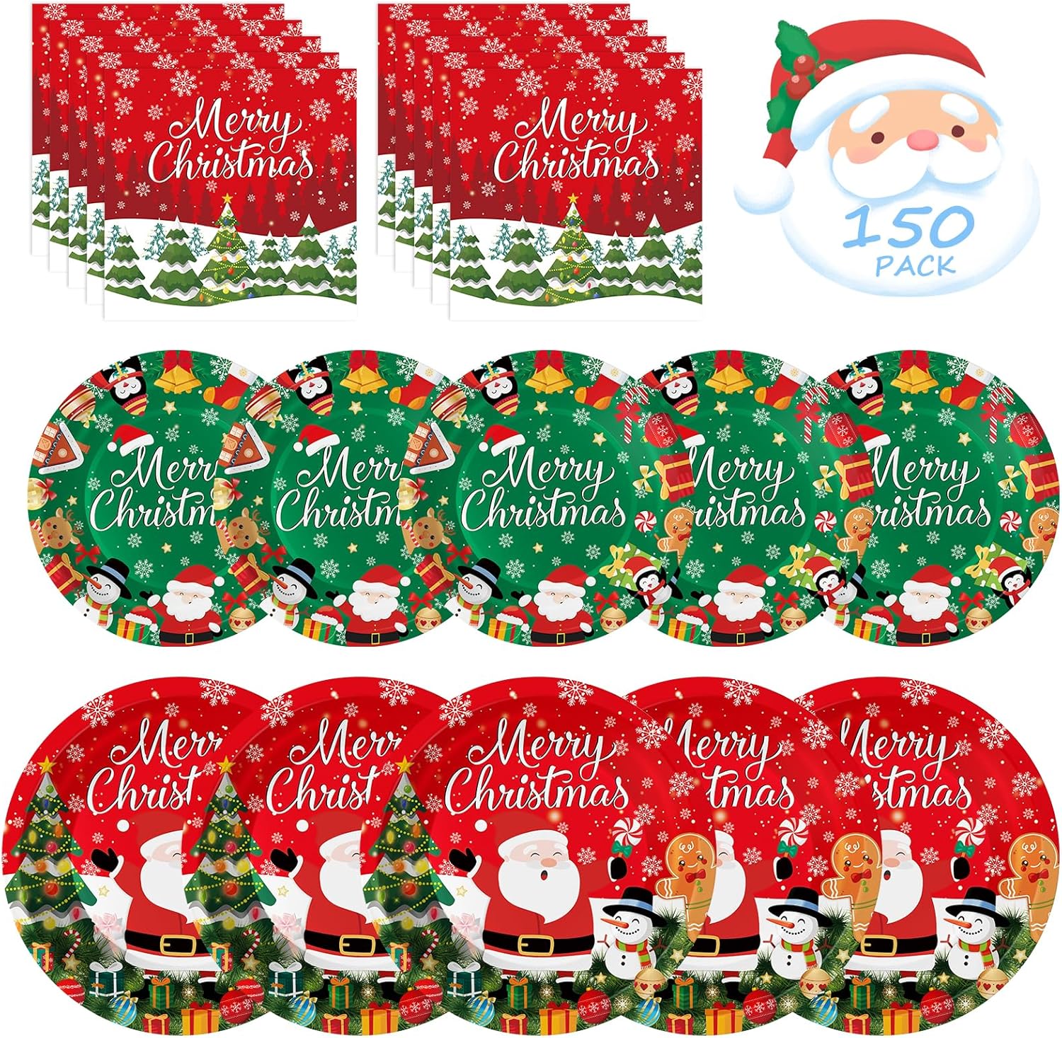 150 Pack Christmas Paper Plates and Napkins Sets - Disposable Merry Christmas Plates Napkins Dinnerware, Winter Xmas Heavy Duty Dessert Dinner Plate for Christma Party Supplies Table Decor, Serves 50