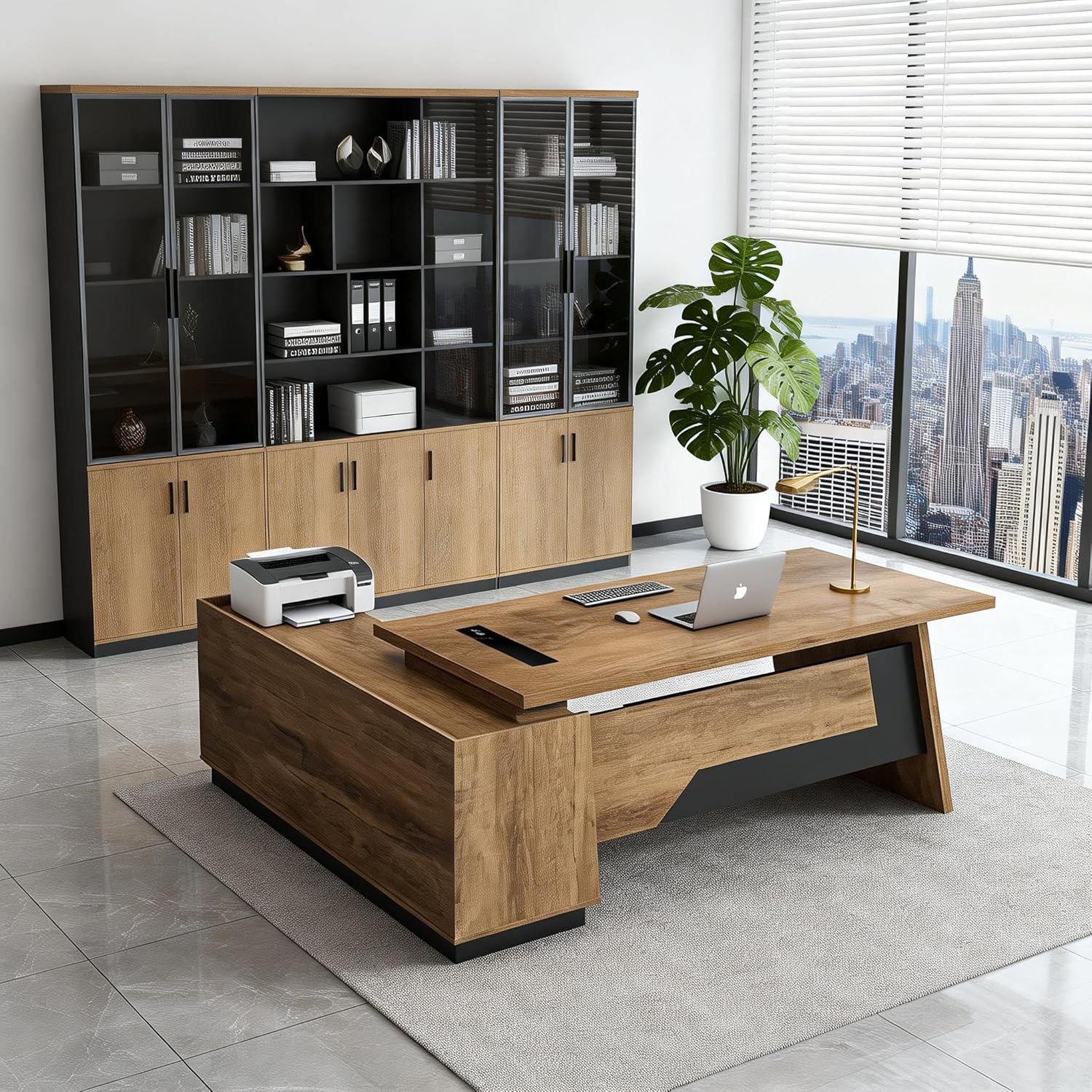 Luxury L Shaped Office Desk with Charging Station & Wireless Charger, Modern Executive Desk with Drawers & Printer Shelf, Large Home Office Desk Workstation, Configurable Length 70.9" or 78.7" (Right)