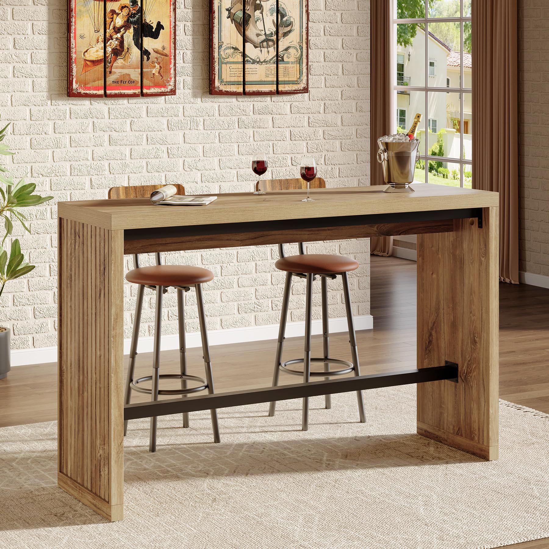 Tribesigns Bartisch, 140 cm Thekenhöhe, Kneipentisch mit Metall-Fußstütze, Rechteckig, Hohe Theke, Esszimmermöbel für Zuhause, Bar, Küche, Esszimmer, Bistro, Wohnzimmer, Rustikales Braun
