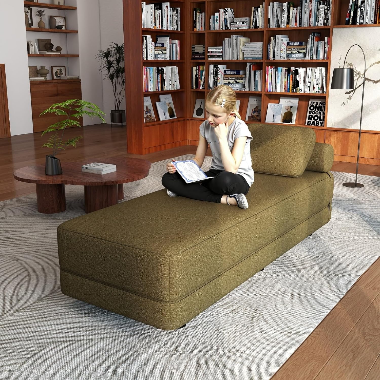 Daybed Queen Size Sofa Bed 60" W 80" L Folding Sofa with Pillow Lounge Chaise Bed with Back Support for Living Room Bedroom (Brown, 1 Piece)