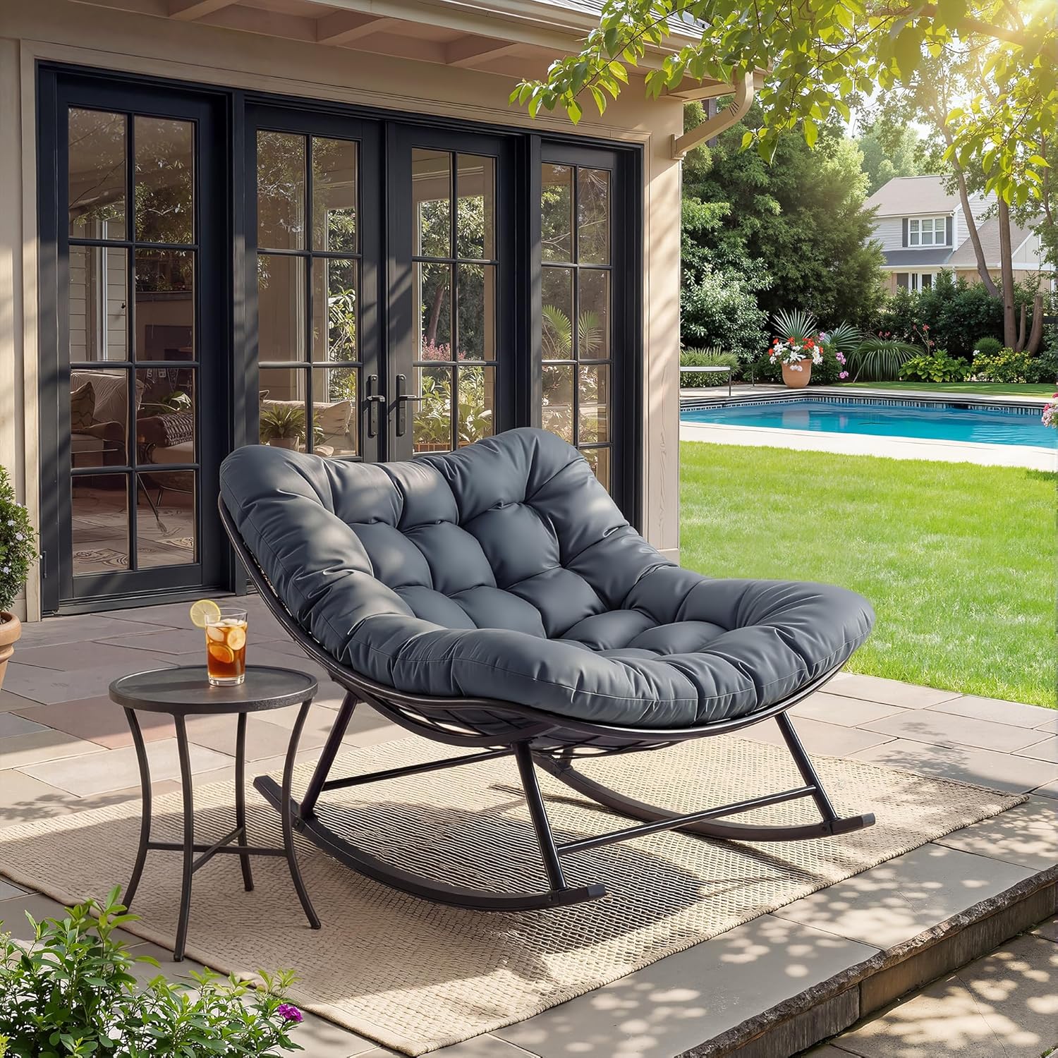 Garvee Outdoor Rocking Chair, Papasan Rocking Chair with Removable Cushion, Oversized Rocking Chair for Outside, Balcony, Living Room, Porch,