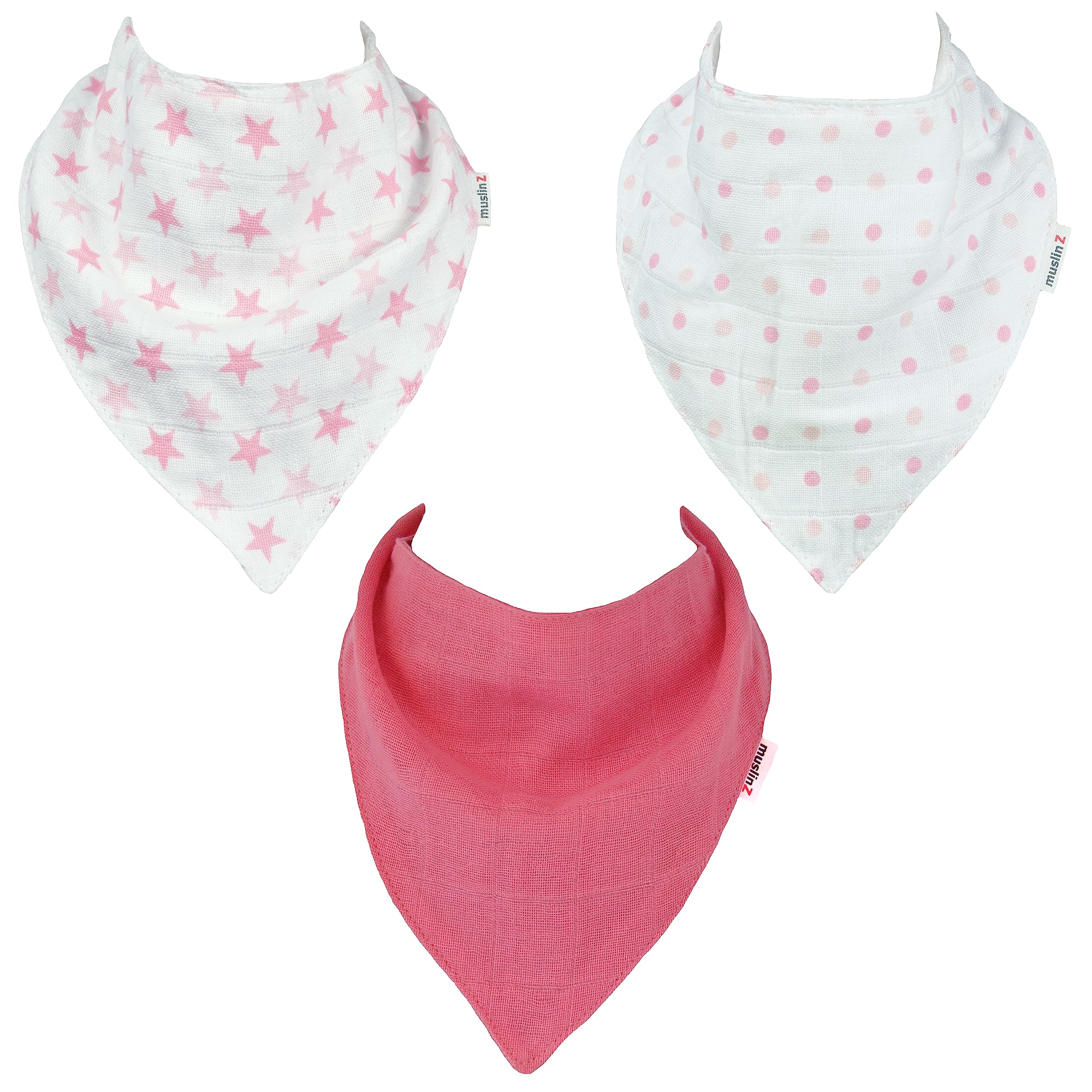Muslinz Pink 3Pk 100% Pure Cotton Muslin Baby Dribble Bibs, Newborn Bibs (Pink)