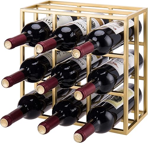 Miniatura 5 de MyGif Estante de vino de latón para 9 botellas, soporte de mesa de metal moderno, almacenamiento horizontal para cocina, bar y comedor, decoración